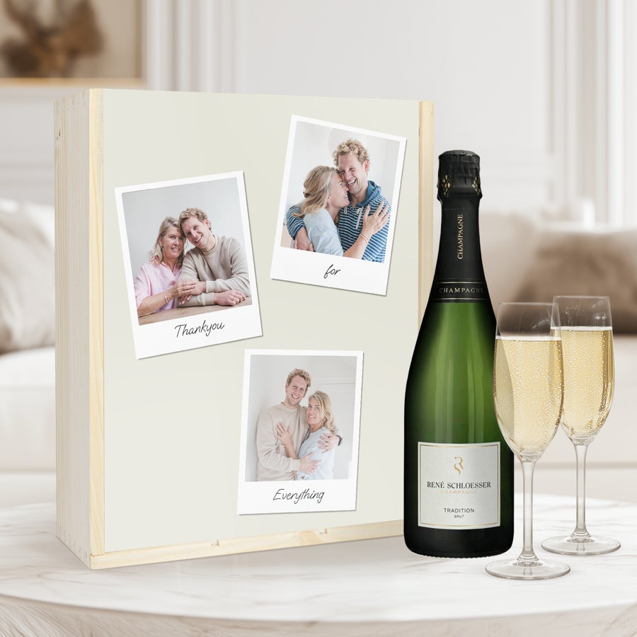 Champagne Rene Schloesser met glazen Champagnepakket met glazen - René Schloesser (750ml) - Bedrukte deksel met gepersonaliseerde foto's en tekst.