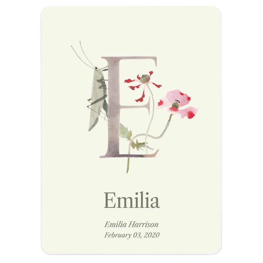 Letra inicial Milestone F com nome Emilia, data de nascimento 03 de fevereiro de 2020, impresso com flores e inseto Decore o quarto do bebê com a letra inicial Milestone® de seu nome