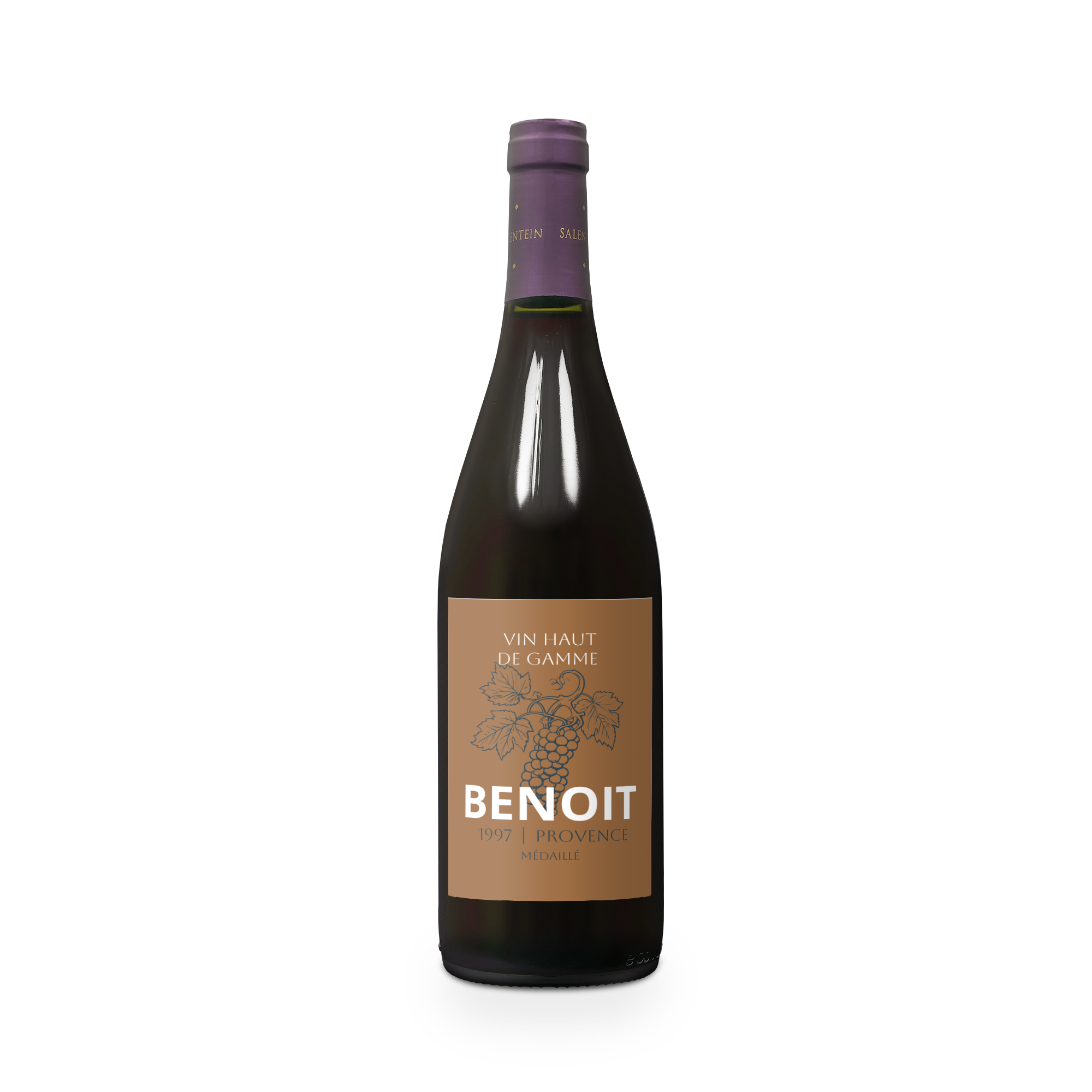 Bouteille Salentein Pinot Noir avec étiquette personnalisée "BENOIT 1997 Provence Médaille", imprimée avec motifs de raisins