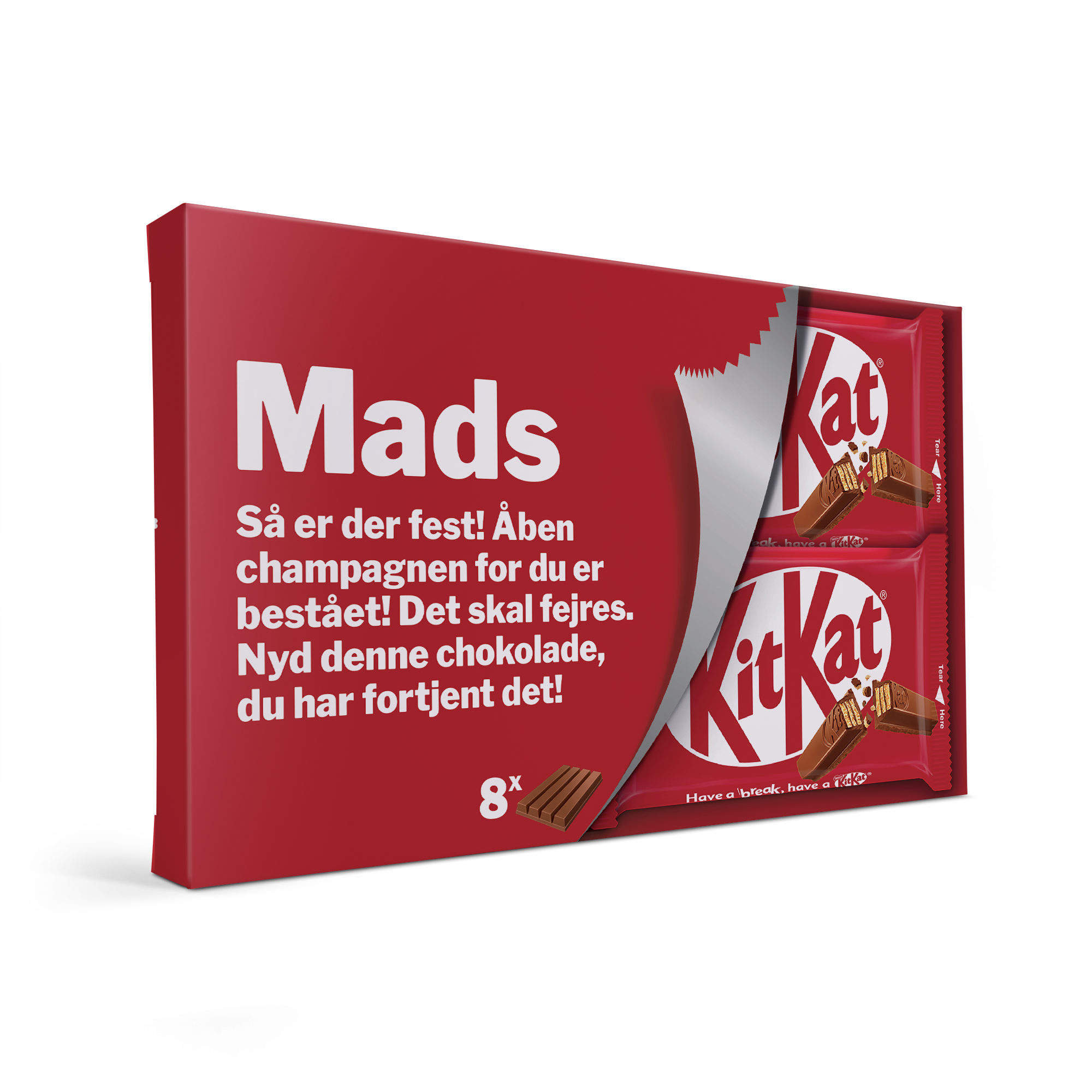 Personlig KitKat chokolade gaveæske med Mads' navn og en hilsen. Den er trykt med fuldfarve og indeholder 8 chokoladebarer.