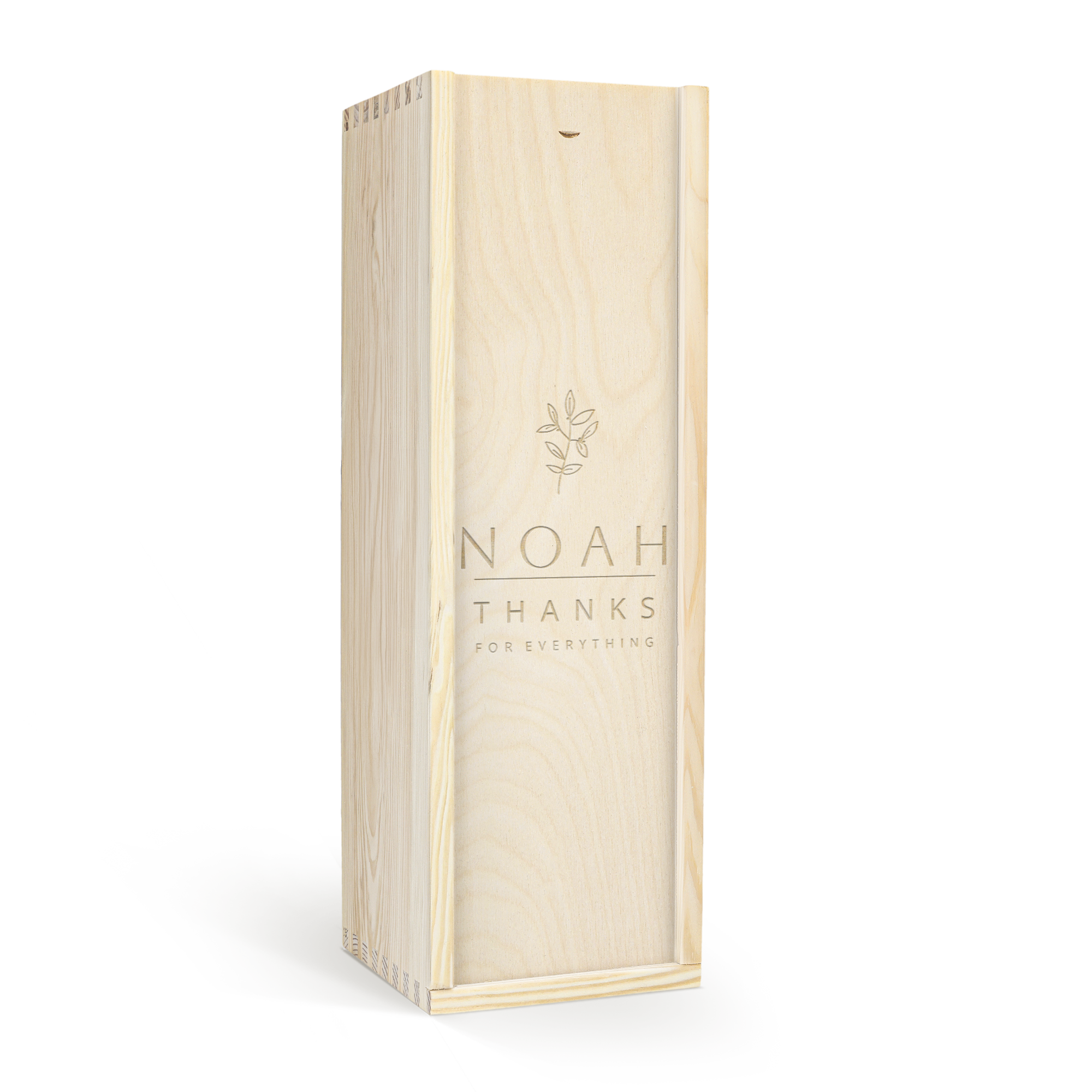 Drevená darčeková krabica s gravírovaním mena NOAH a textu THANKS FOR EVERYTHING na fľašu ružového vína AIX rosé Magnum