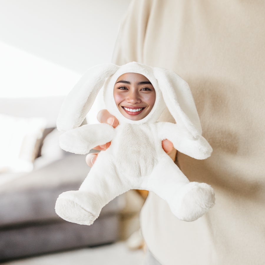 Peluche ItsieMe - Coniglietto ItsieMe peluche coniglietto bianco personalizzato con foto stampata di un volto sorridente per il miglior amico dei più piccoli