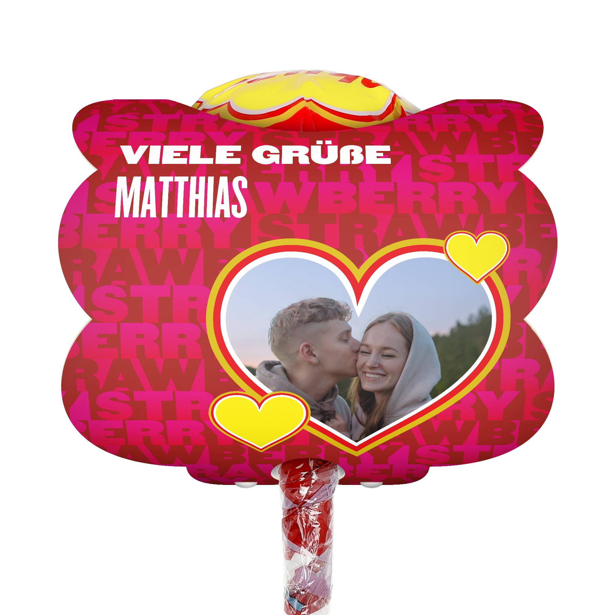 Mega Chupa Chups personalisiert Erdbeere 20 Lollis mit eigenem Foto und Namen Matthias auf rotem Etikett