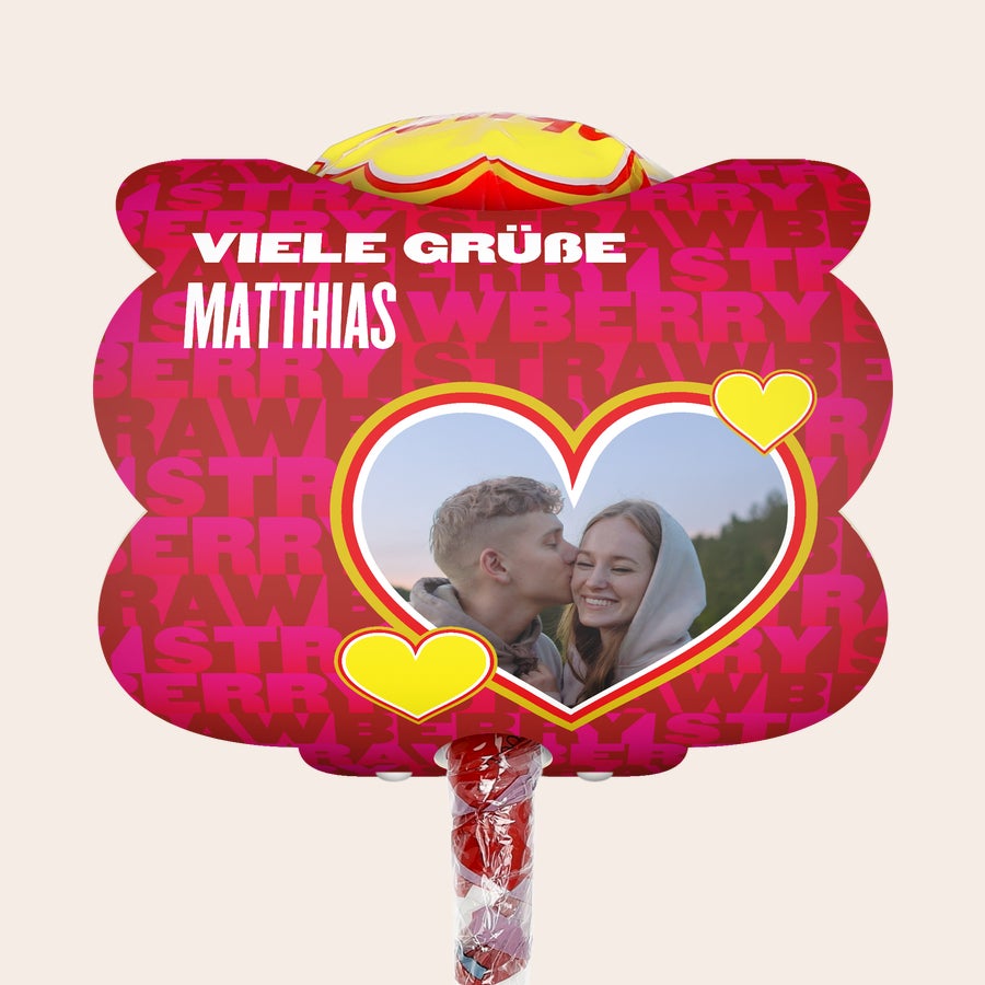 Mega Chupa Chups – personalisiert Mega Chupa Chups personalisiert Erdbeere 20 Lollis mit eigenem Foto und Namen Matthias auf rotem Etikett