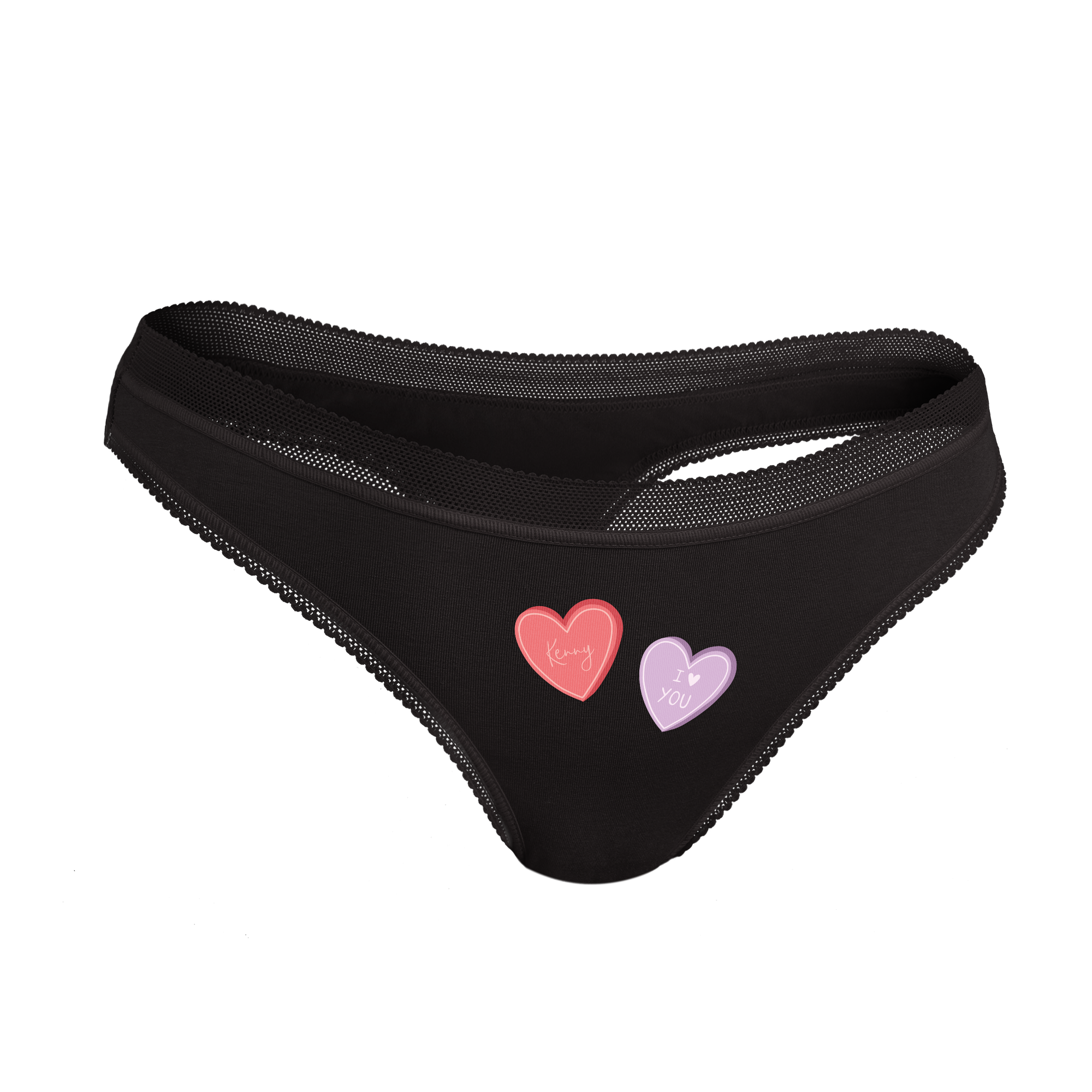Perizoma da donna nero personalizzato con cuori stampati con testo Kenny e I love you