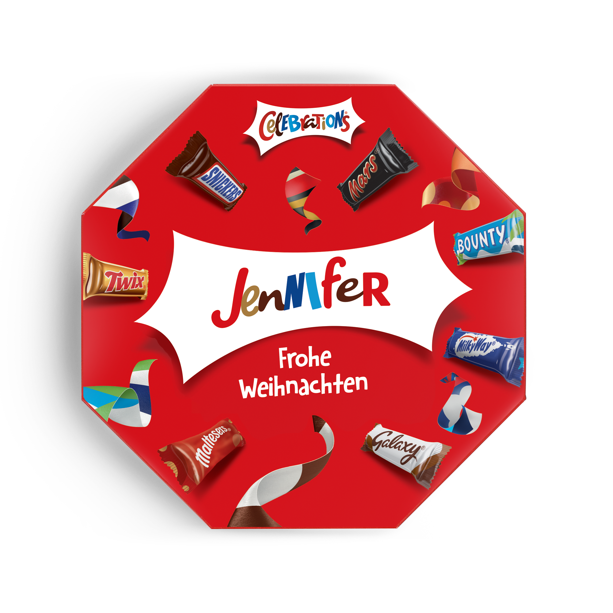 Personalisierte Celebrations Chocolate Box mit Namen Jennifer bedruckt mit Weihnachtsmotiv