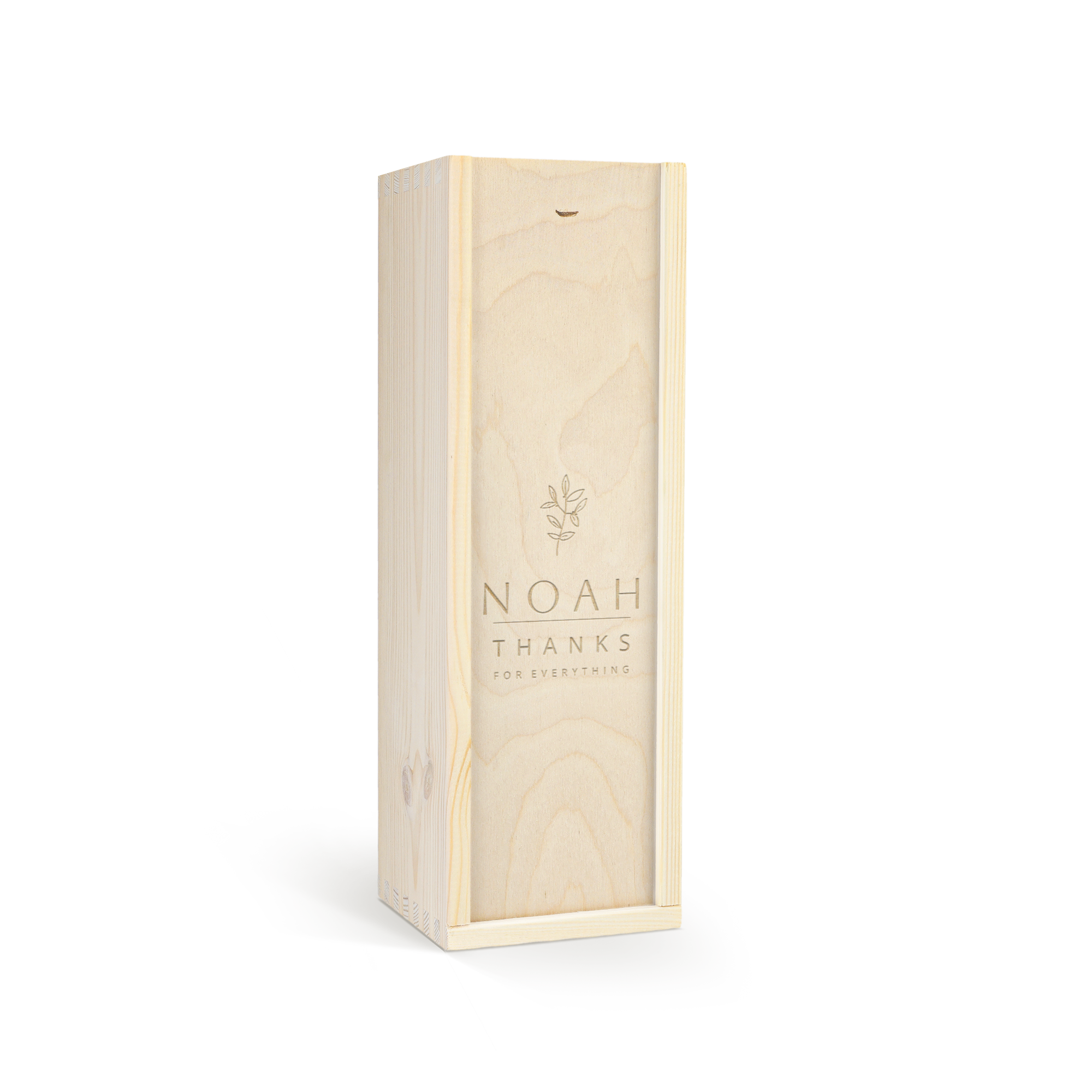 Caja de madera para botella de licor con grabado láser personalizado "Noah Thanks For Everything" y motivo de ramas.