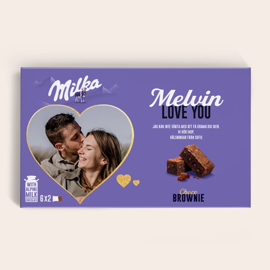 Milka Brownies Personlig Milka Choco Brownie presentask med tryckt foto, namnet Melvin och meddelande från Sofie.