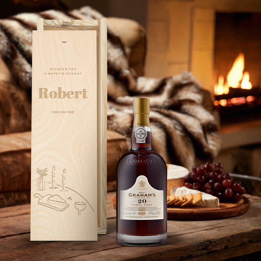 Personalizowane porto Graham's 20 Years Graham's 20 Year Old Tawny Port w drewnianej skrzynce grawerowanej tekstem "Robert" i życzeniami, personalizowane porto