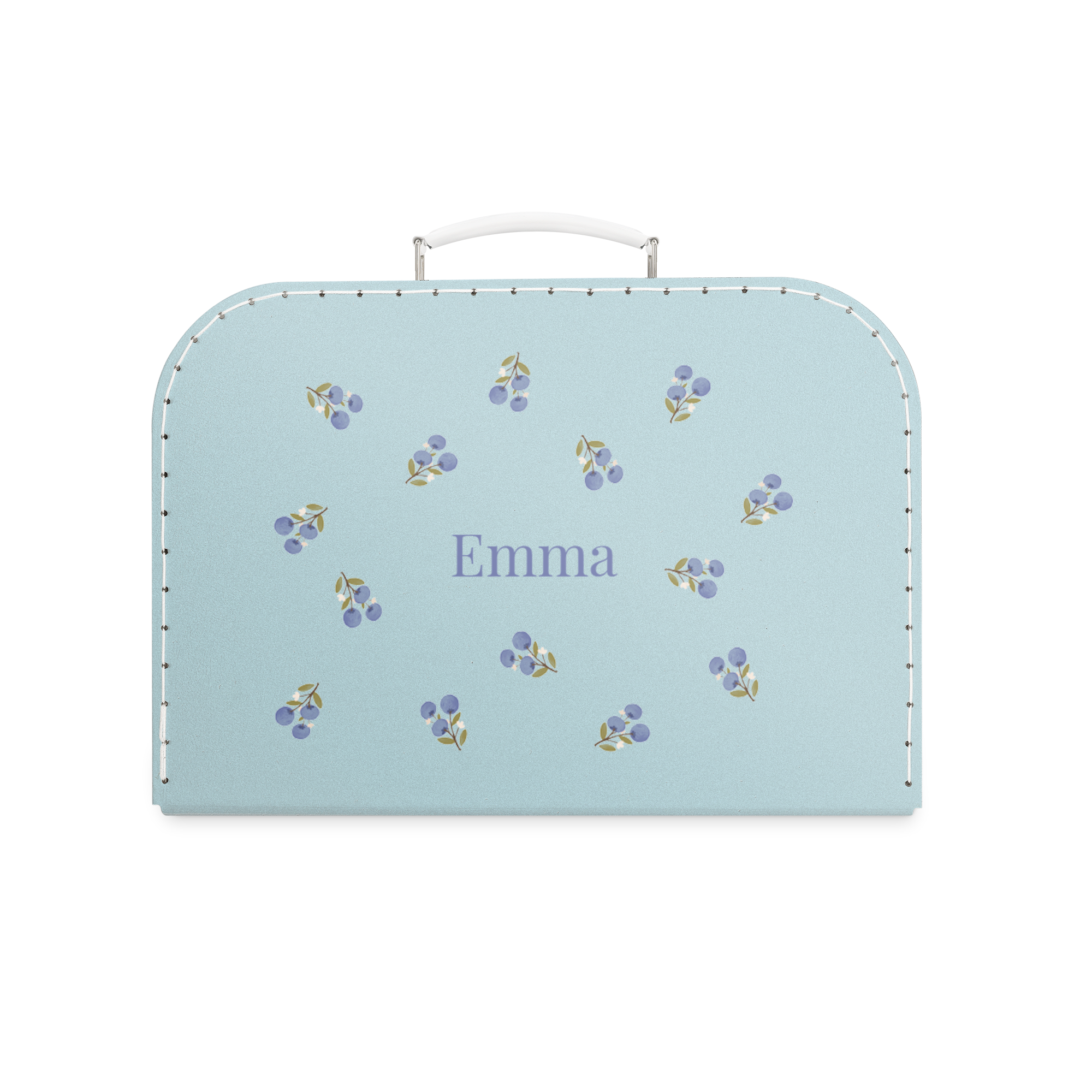 Großer blauer Kinderkoffer aus Pappe mit Namen Emma und Heidelbeer-Motiv, personalisierbar.