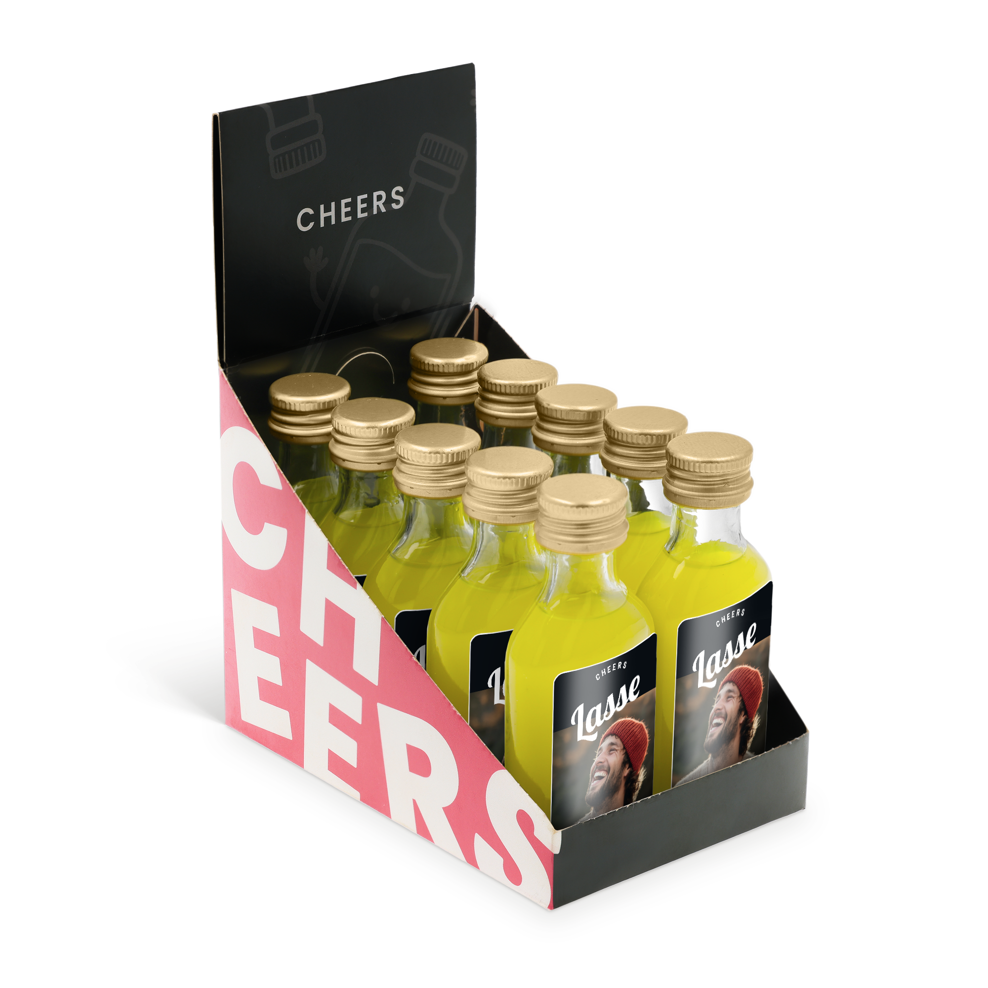 Mini Limoncello-flasker med personlig etiket, trykt med foto og navnet Lasse, skaber en unik kollektion.