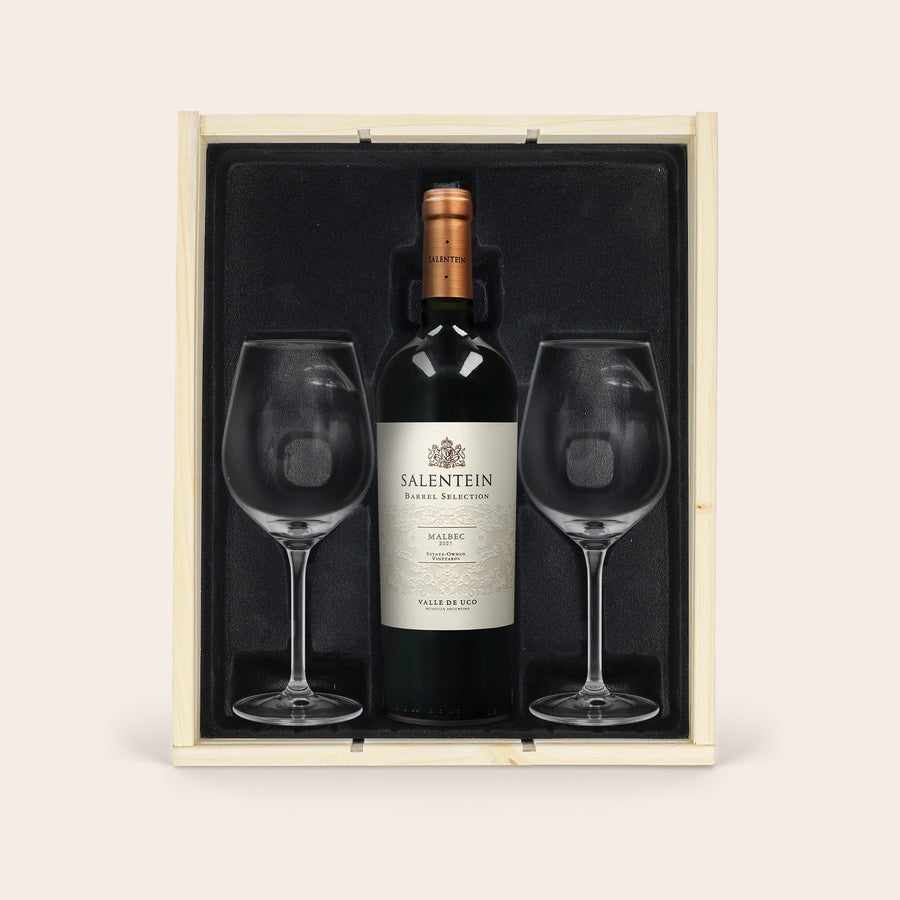 Salentein Malbec Set cadou vin personalizat cu sticlă de Salentein Malbec și două pahare Royal Leerdam în cutie de lemn.
