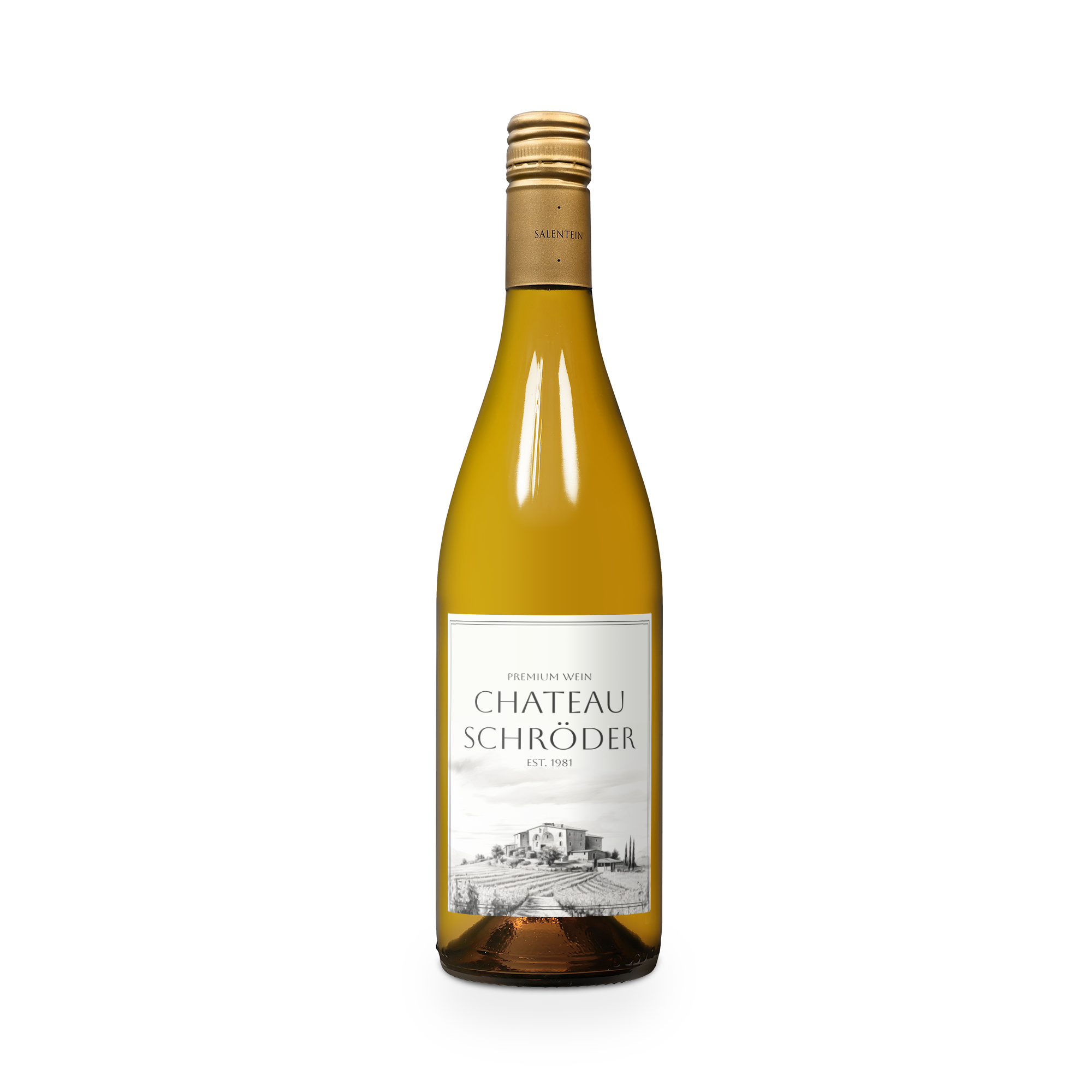 Weinflasche Salentein Chardonnay mit personalisiertem Etikett bedruckt mit dem Text "Chateau Schröder" als Geschenk