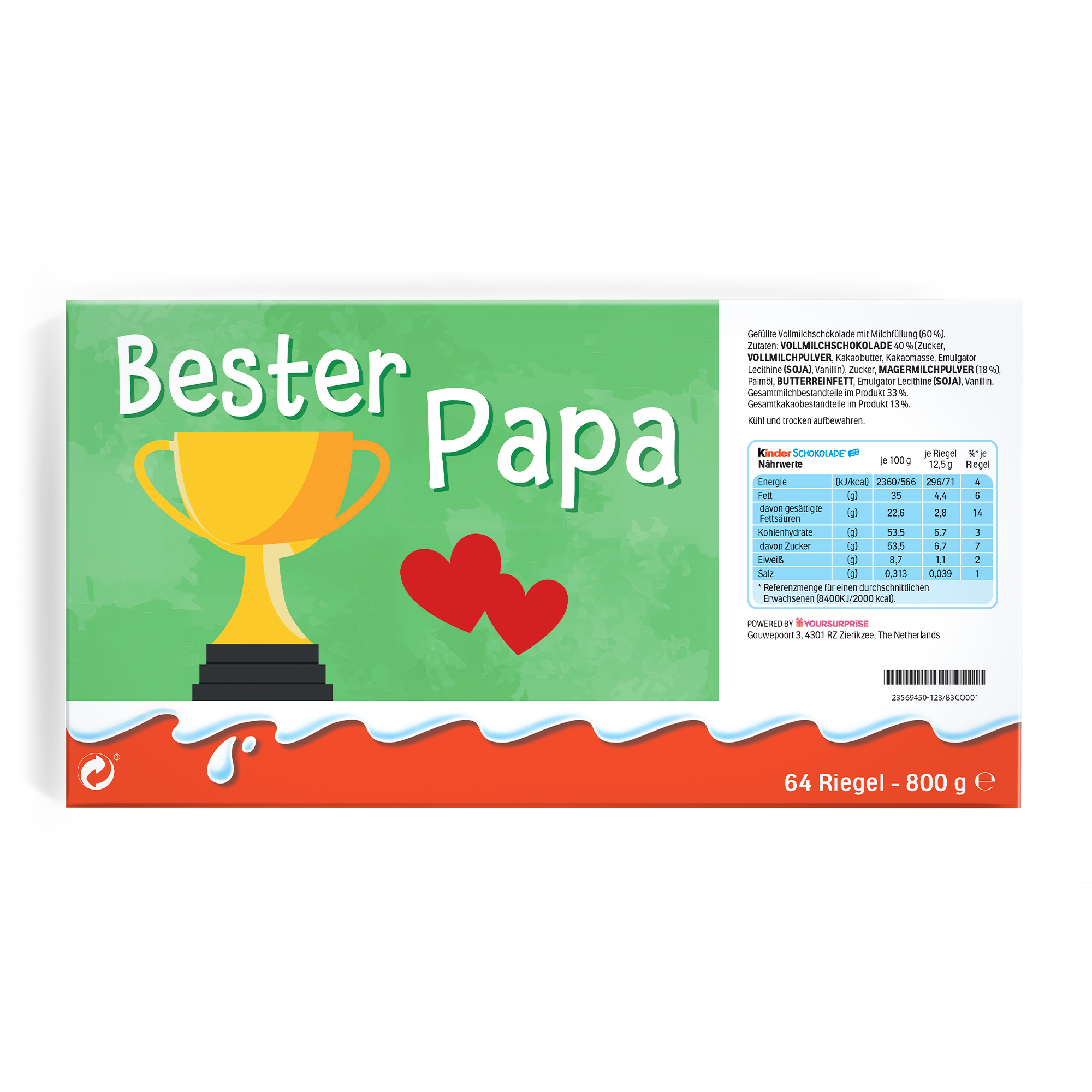 Mega Kinder Schokolade mit Namen, 800 Gramm, personalisiert mit "Bester Papa" und Pokalmotiv, ideal als Geschenk.