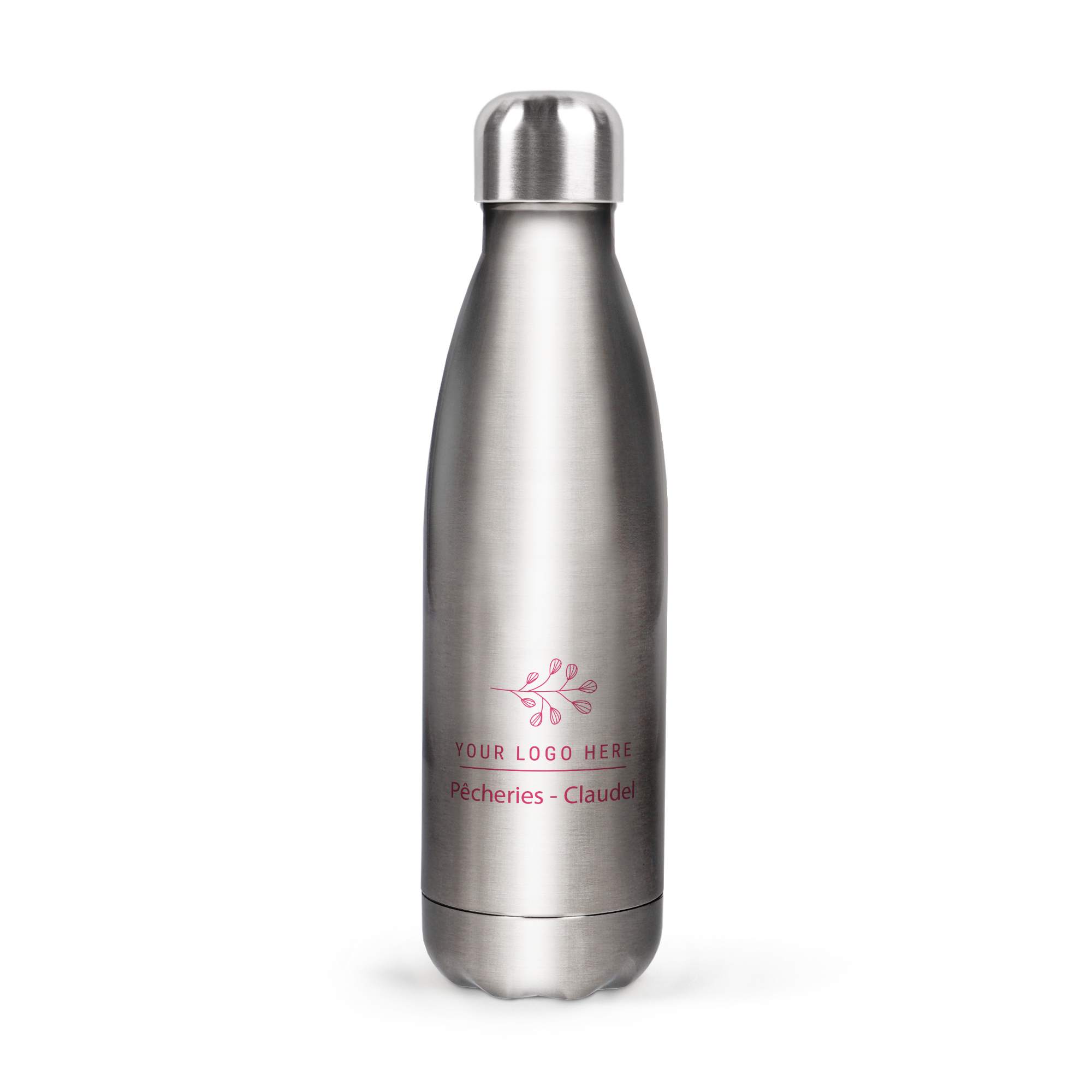 Bouteille en inox personnalisée avec un logo et le texte Pêcheries Claudel pour rester hydraté