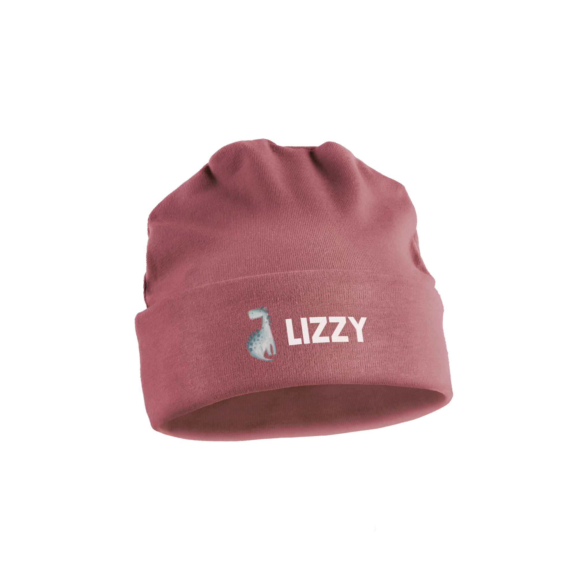 Okergeel babymutsje bedrukt met een dinosaurus en de naam Lizzy, een persoonlijk mutsje