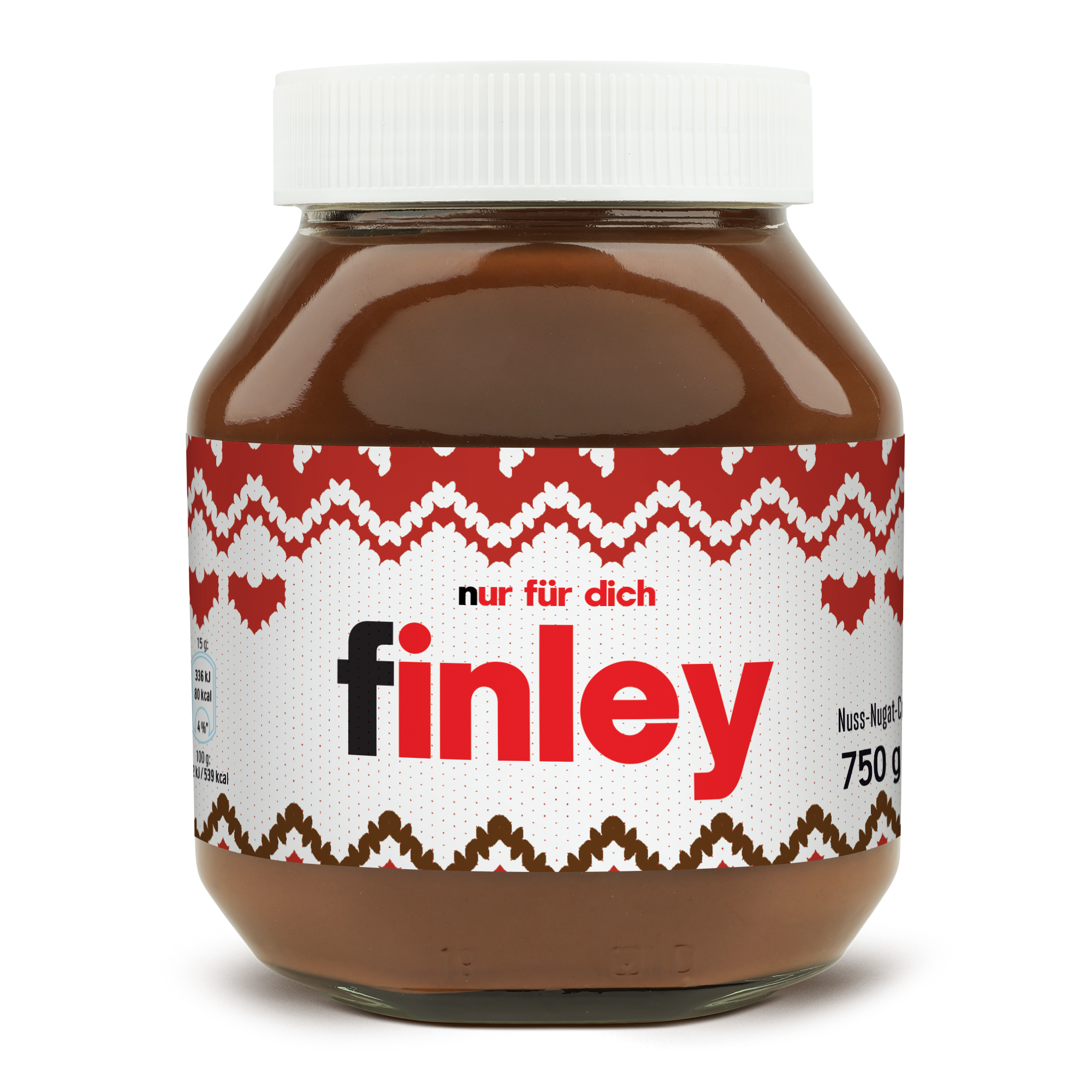 nutella® Glas, personalisiert mit dem Namen Finley, bedruckt mit einem roten und braunen Muster, 750 g.