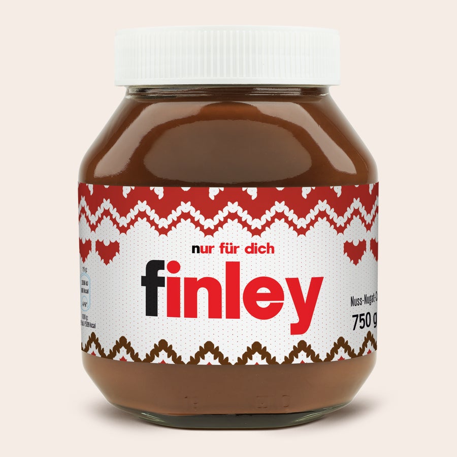 Personalisiertes nutella®-Glas nutella® Glas, personalisiert mit dem Namen Finley, bedruckt mit einem roten und braunen Muster, 750 g.