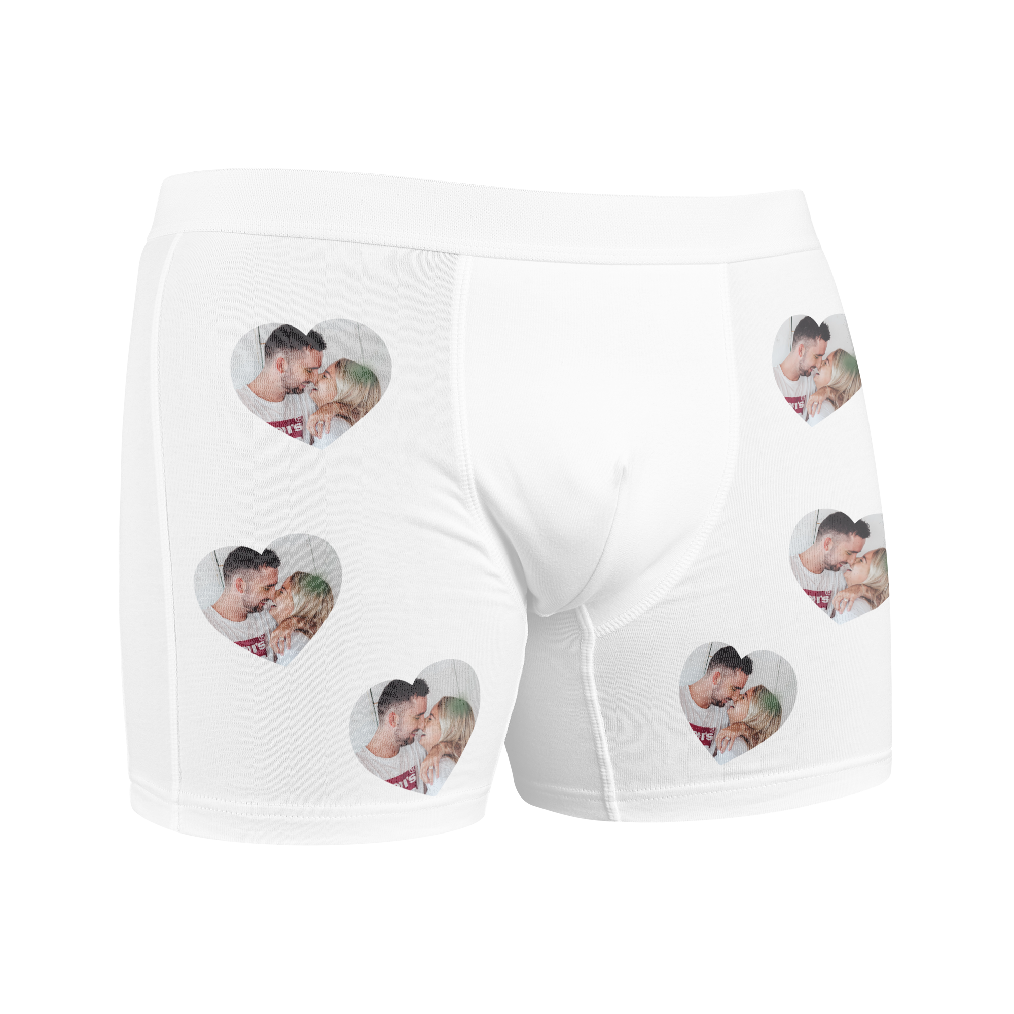 Bele personalizirane boksarice s potiskanimi srčki s fotografijo para, Podarite smešne personalizirane boksarice s fotografijo!