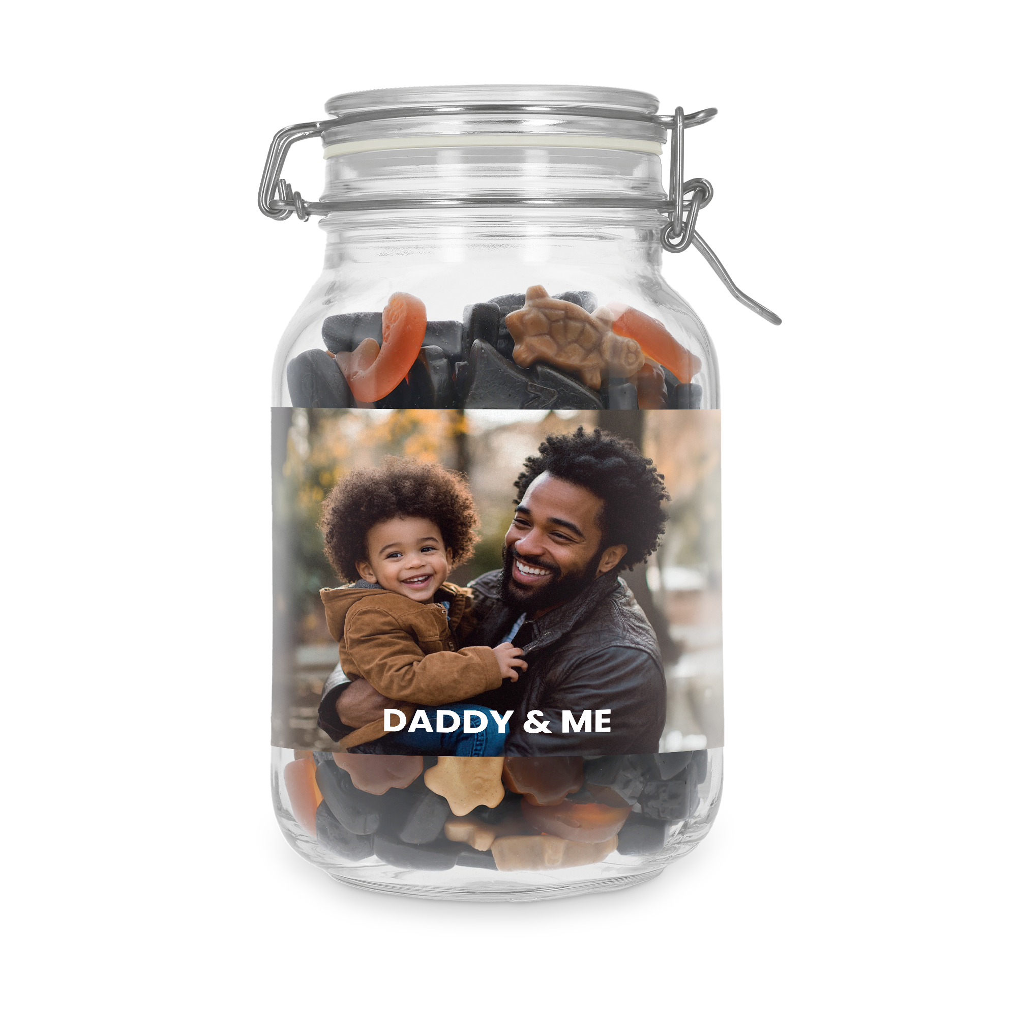 Personalised sweet jar with liquorice mix, printed with a photo of a dad and child and DADDY & ME text
