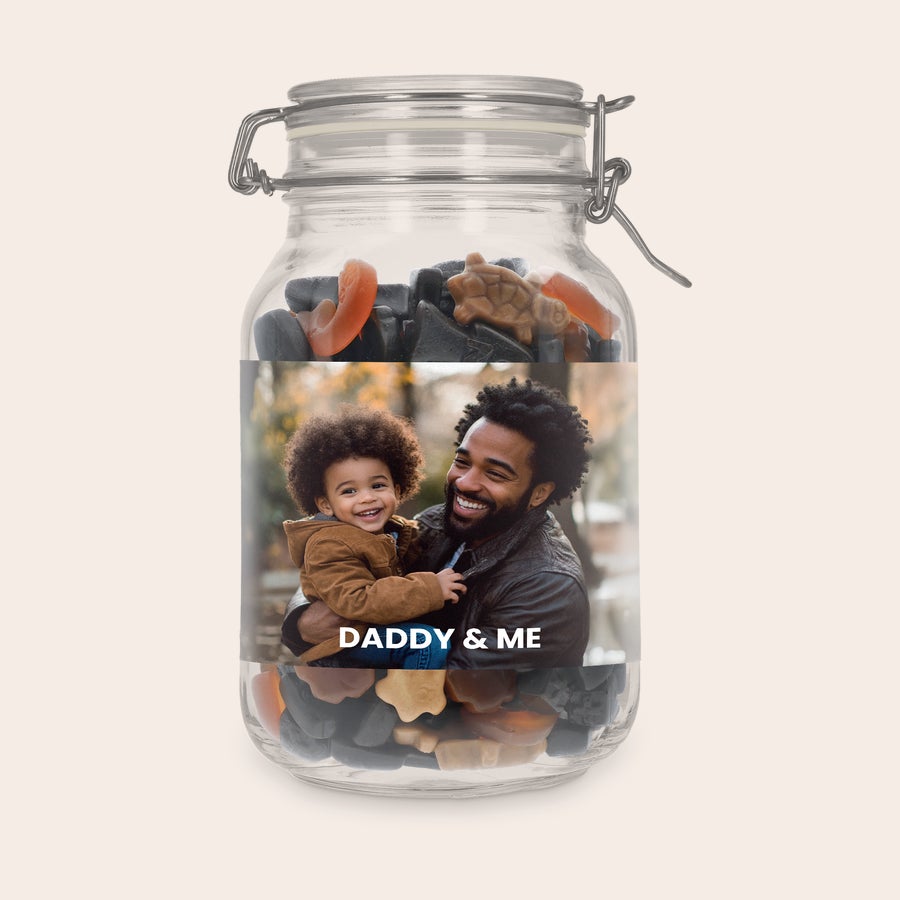 Frasco de doces personalizado Pote de doce personalizado com mistura de alcaçuz, com foto e texto DADDY & ME.