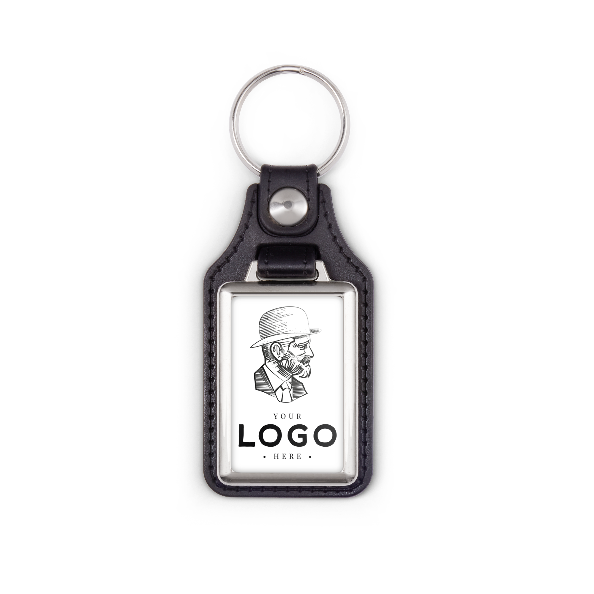 Portachiavi personalizzato in pelle nera e metallo con grafica stampata "YOUR LOGO HERE" con uomo barbuto e bombetta