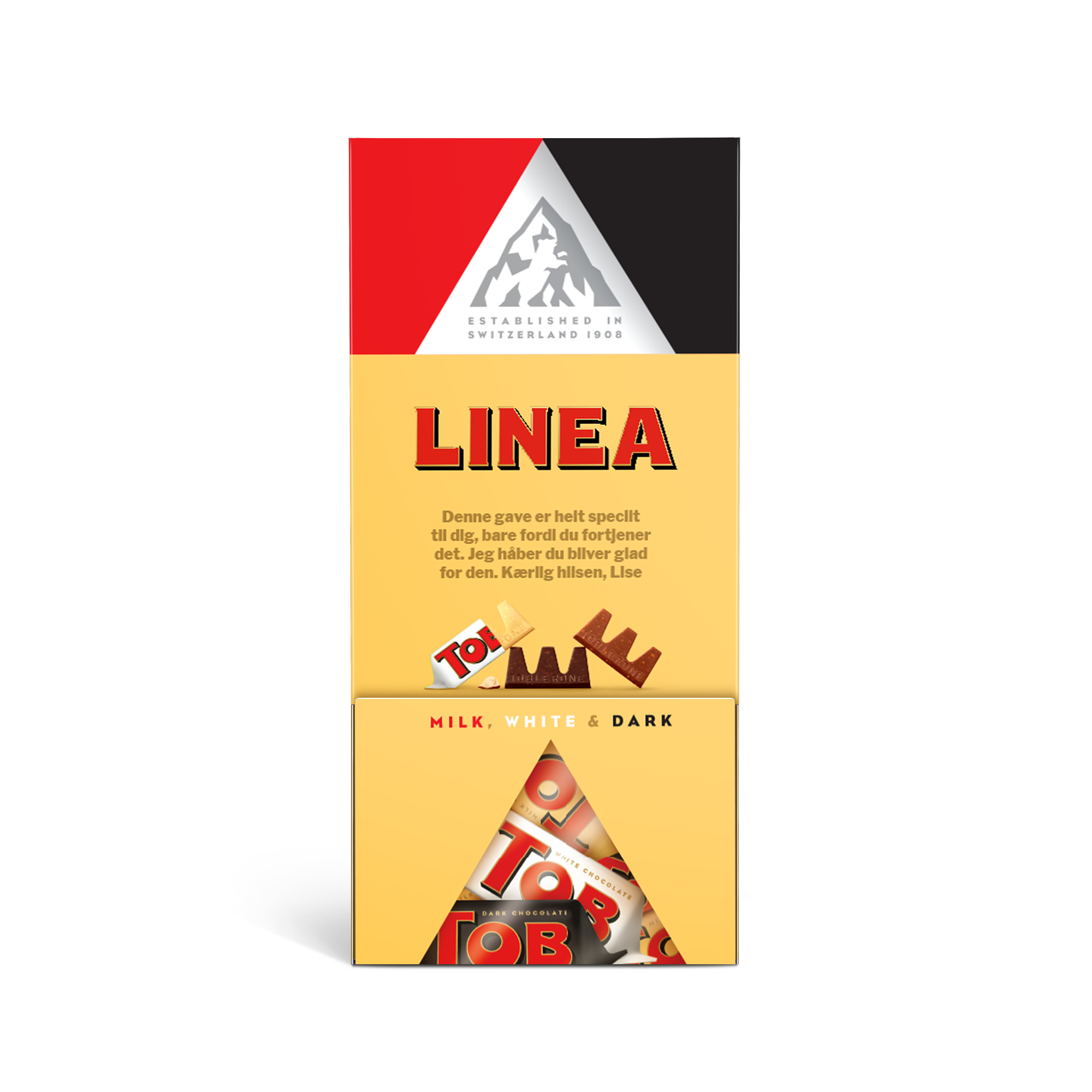 Personlig Toblerone-chokoladedispenser med navn og besked, indeholder mælke-, hvid og mørk chokolade.