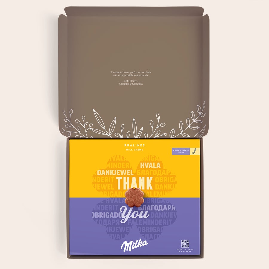 Milka Pralines Takk Personlig Milka gaveeske trykt med «Thank You», en Milka-sjokolade og en hilsen fra «Grandpa & Grandma».
