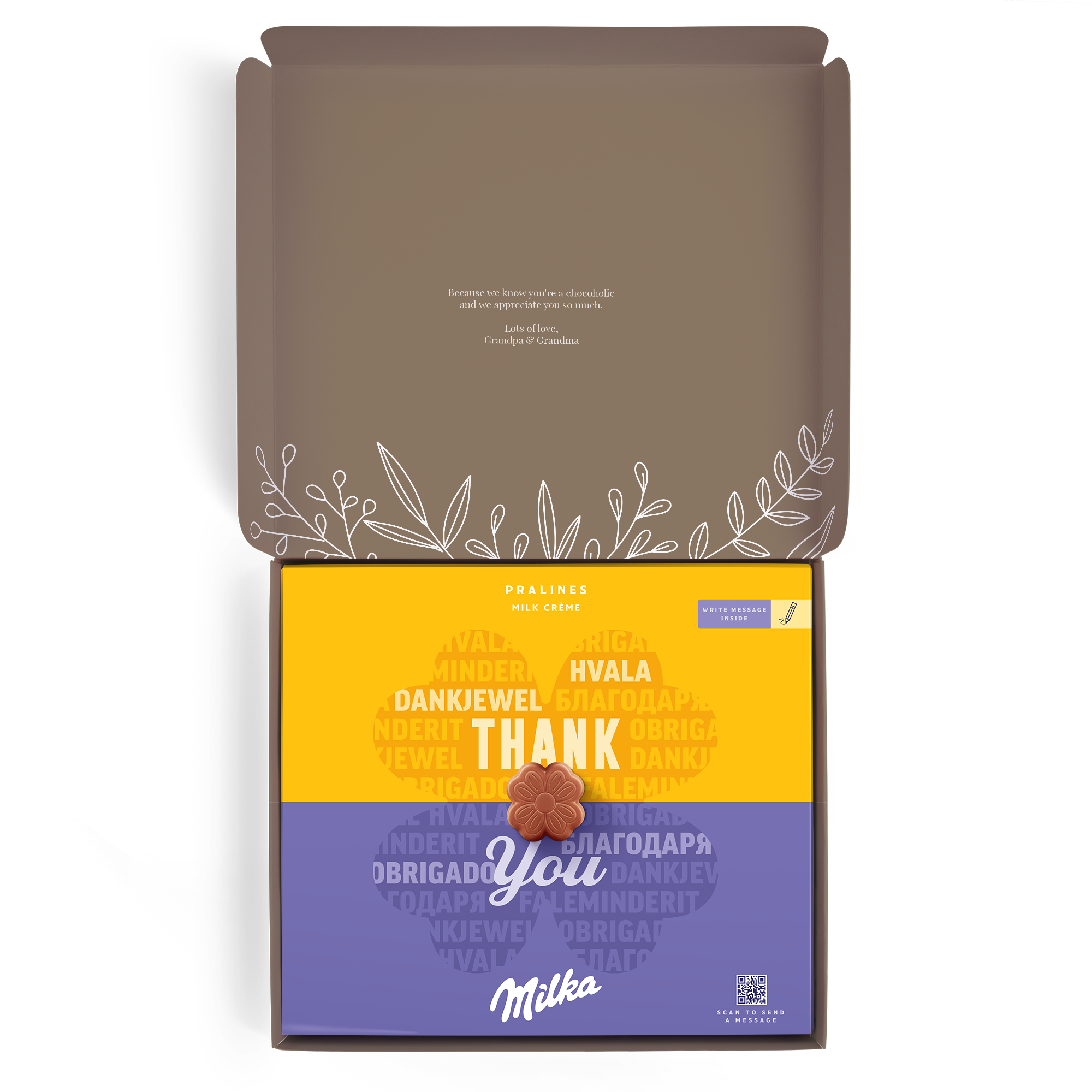 Caja regalo Milka personalizada con el mensaje "Thank You" y bombones de chocolate en forma de flor, con texto interior impreso "Grandpa & Grandma".