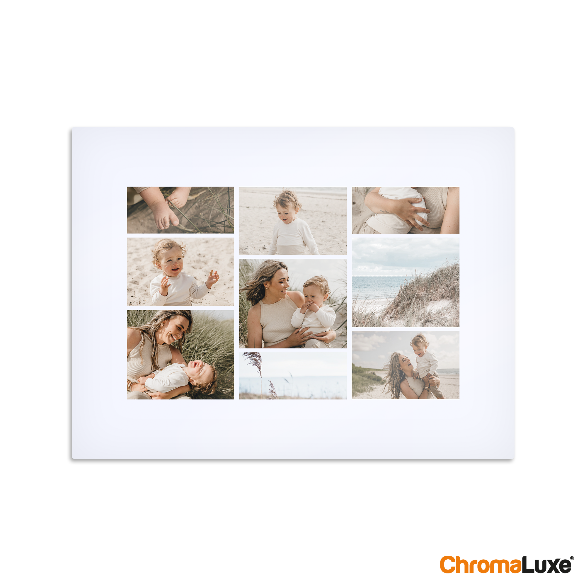 Customizable aluminum Instagram photo collage printed with 9 personal photos on a white background