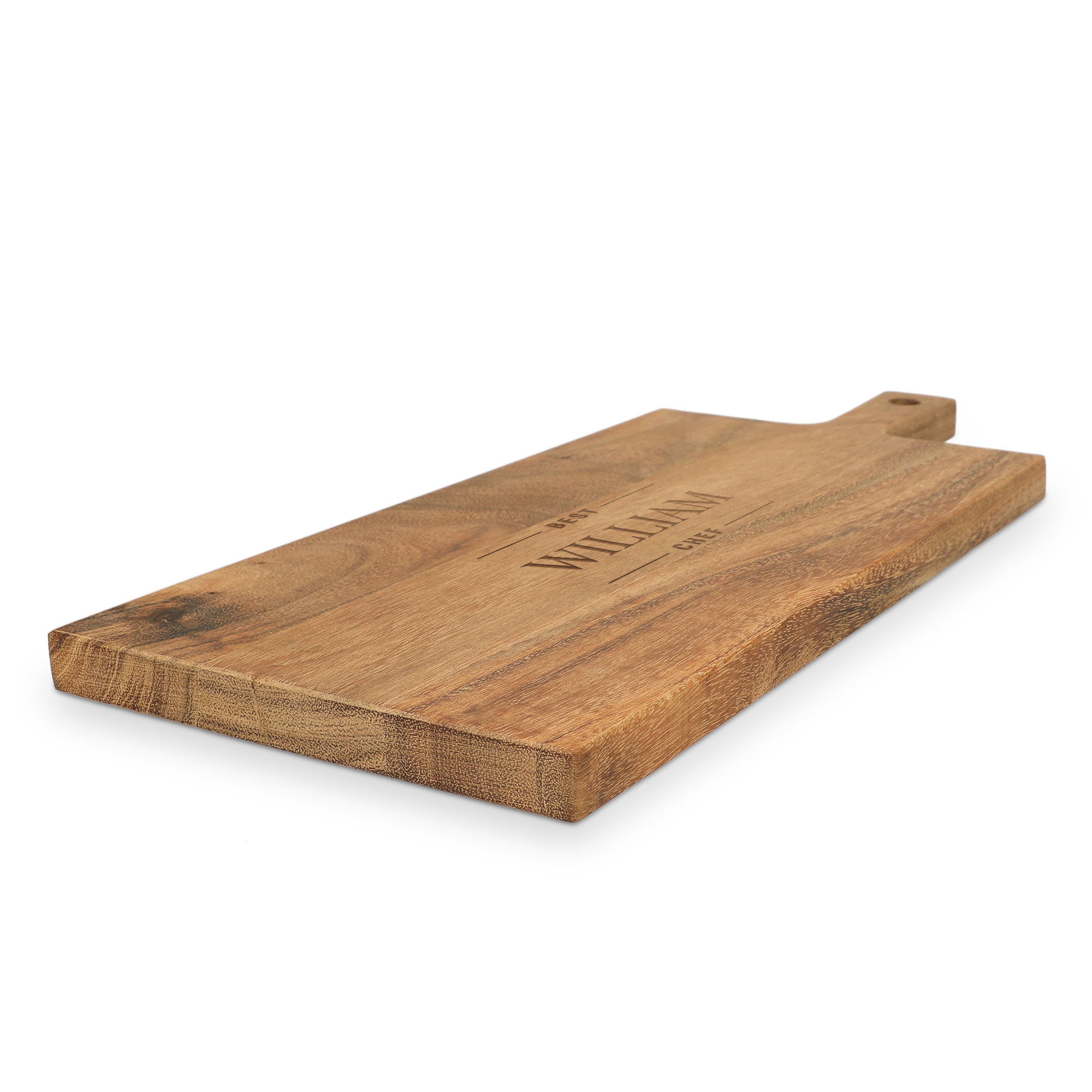 Tabla de madera personalizada grabada con el texto "Best William Chef", ideal para aperitivos.