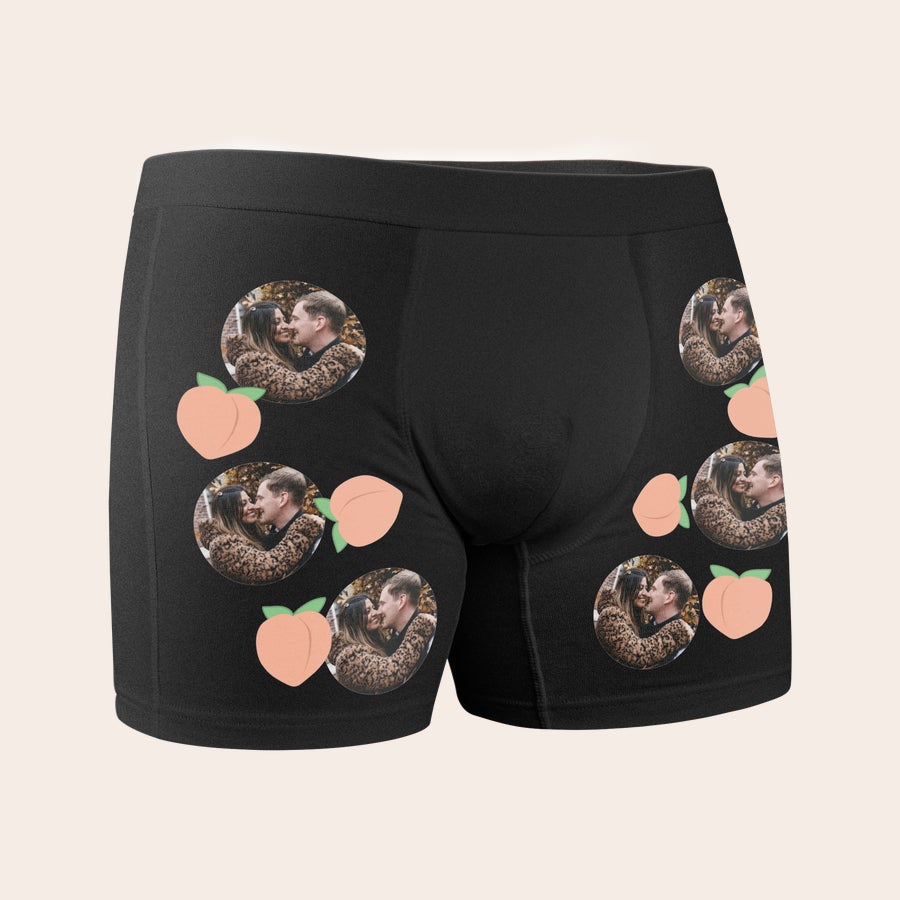 Calzoncillos con foto Bóxers negros de hombre con estampado flocado de pareja y melocotones, ¡calzoncillos personalizados con su nombre!