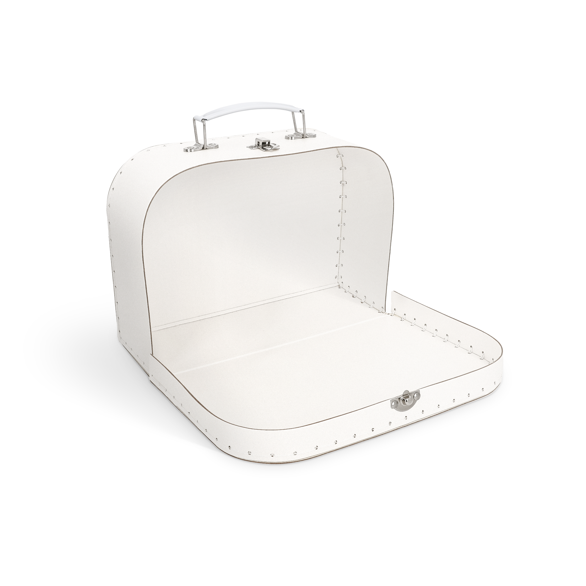 Valisette blanche en carton pour enfant ouverte, personnalisable avec un prénom
