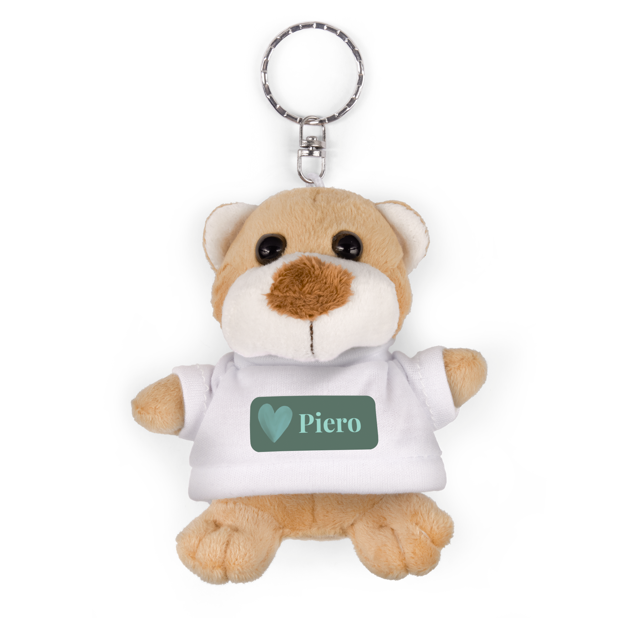 Portachiavi orsetto di peluche marrone chiaro con maglietta bianca stampata con cuore e nome Piero