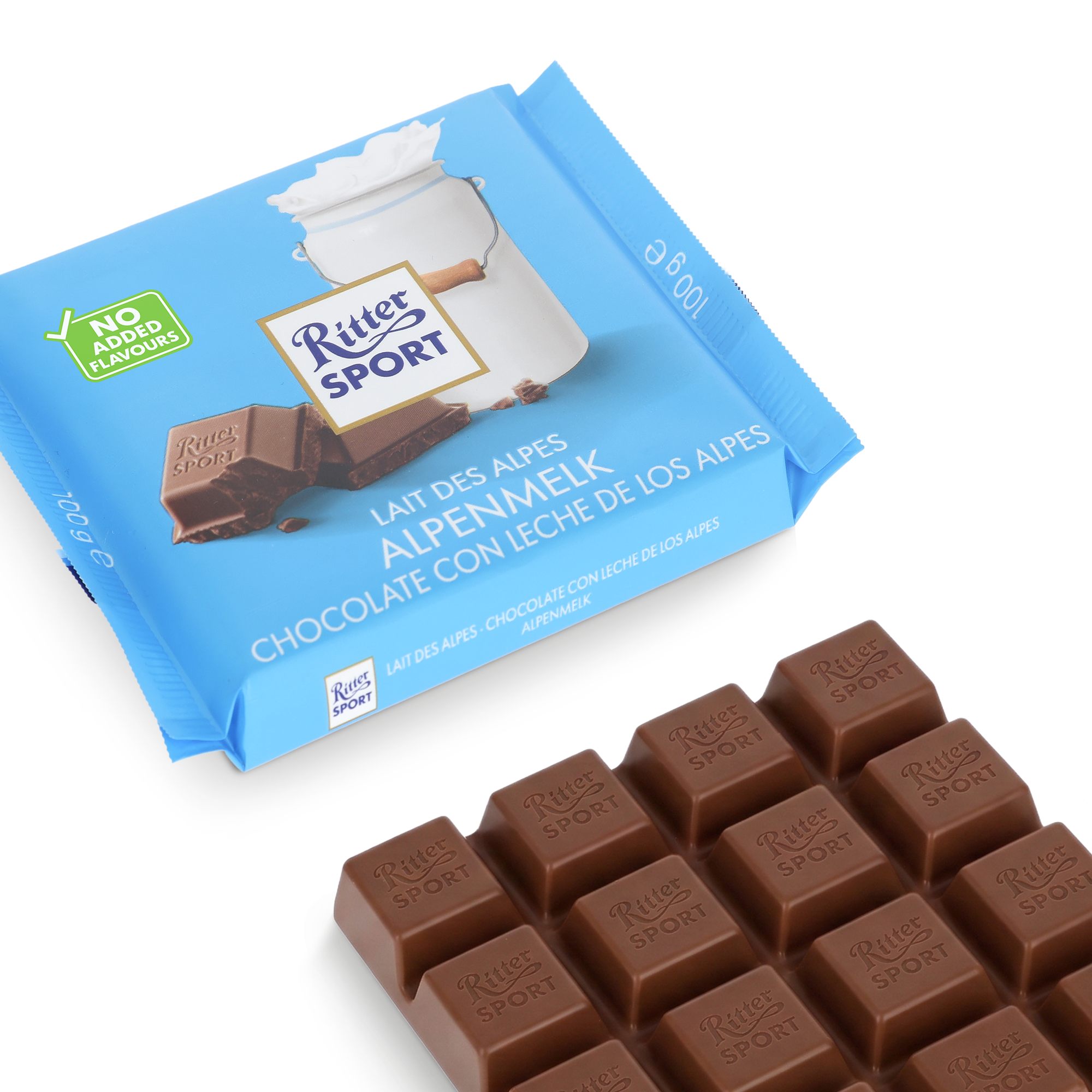 Personalisierte Ritter Sport Schokolade Alpenmilch mit individuell bedruckter blauer Verpackung und Schokotafel