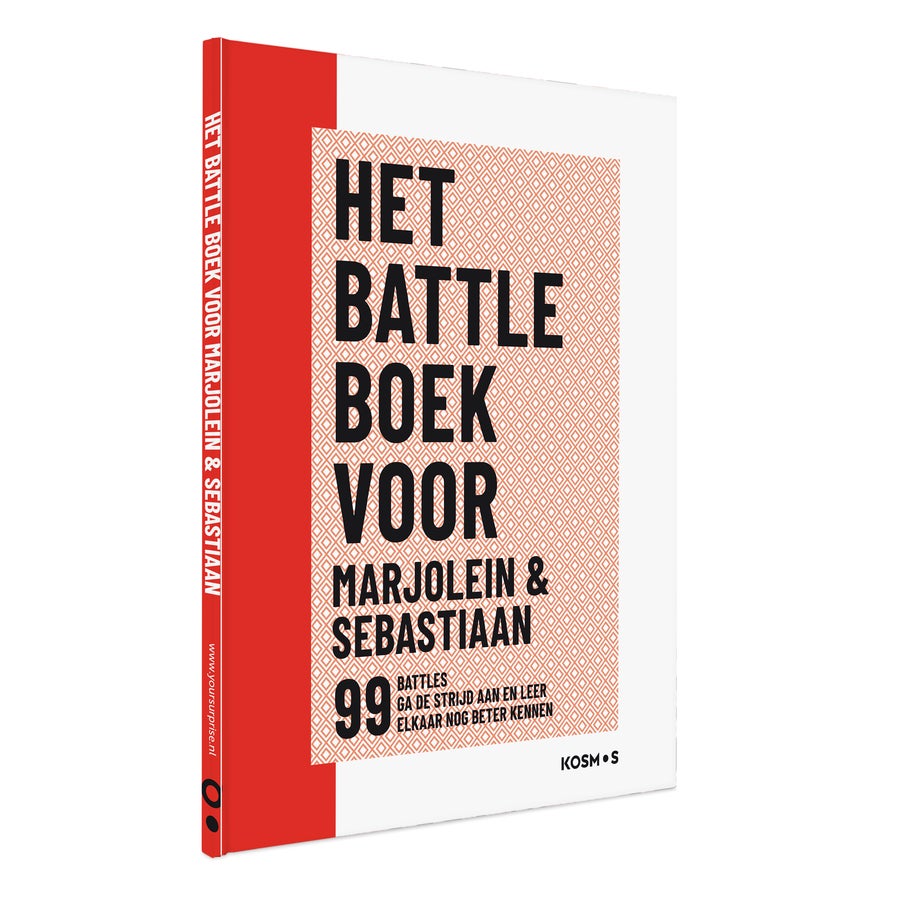 Het Battle boek voor koppels personaliseren Gepersonaliseerd Battle boek voor koppels, bedrukt met de namen Marjolein en Sebastiaan op de voorkant.