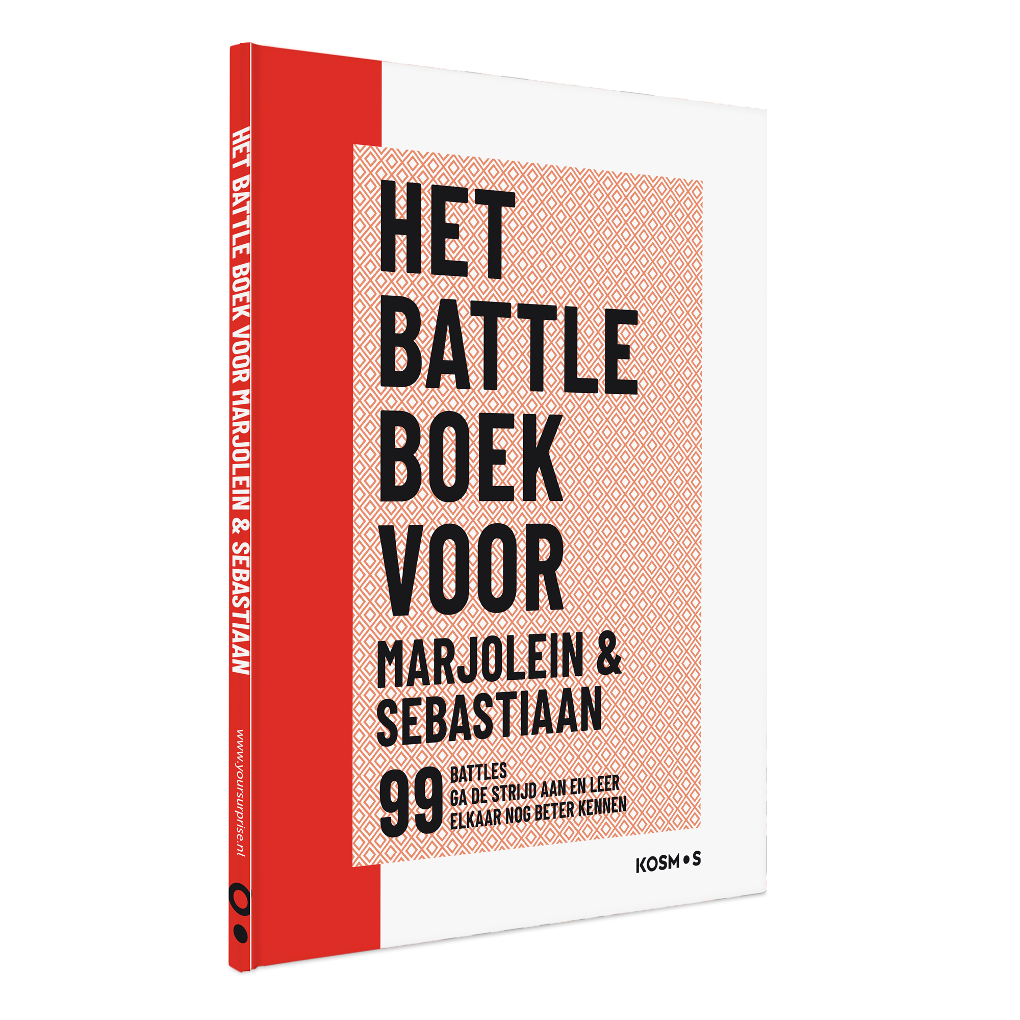 Persoonlijk Battle boek voor koppels, bedrukt met de namen Marjolein en Sebastiaan en de tekst "99 Battles".