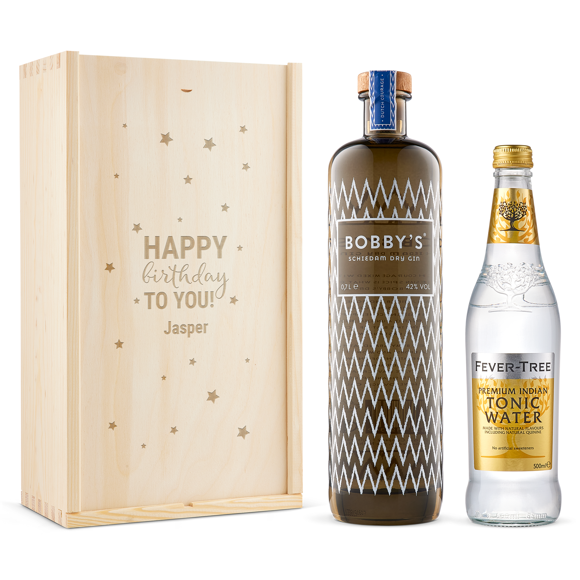 Gin-tonic pakket bedrukken - Bobby's gin (gegraveerd deksel)