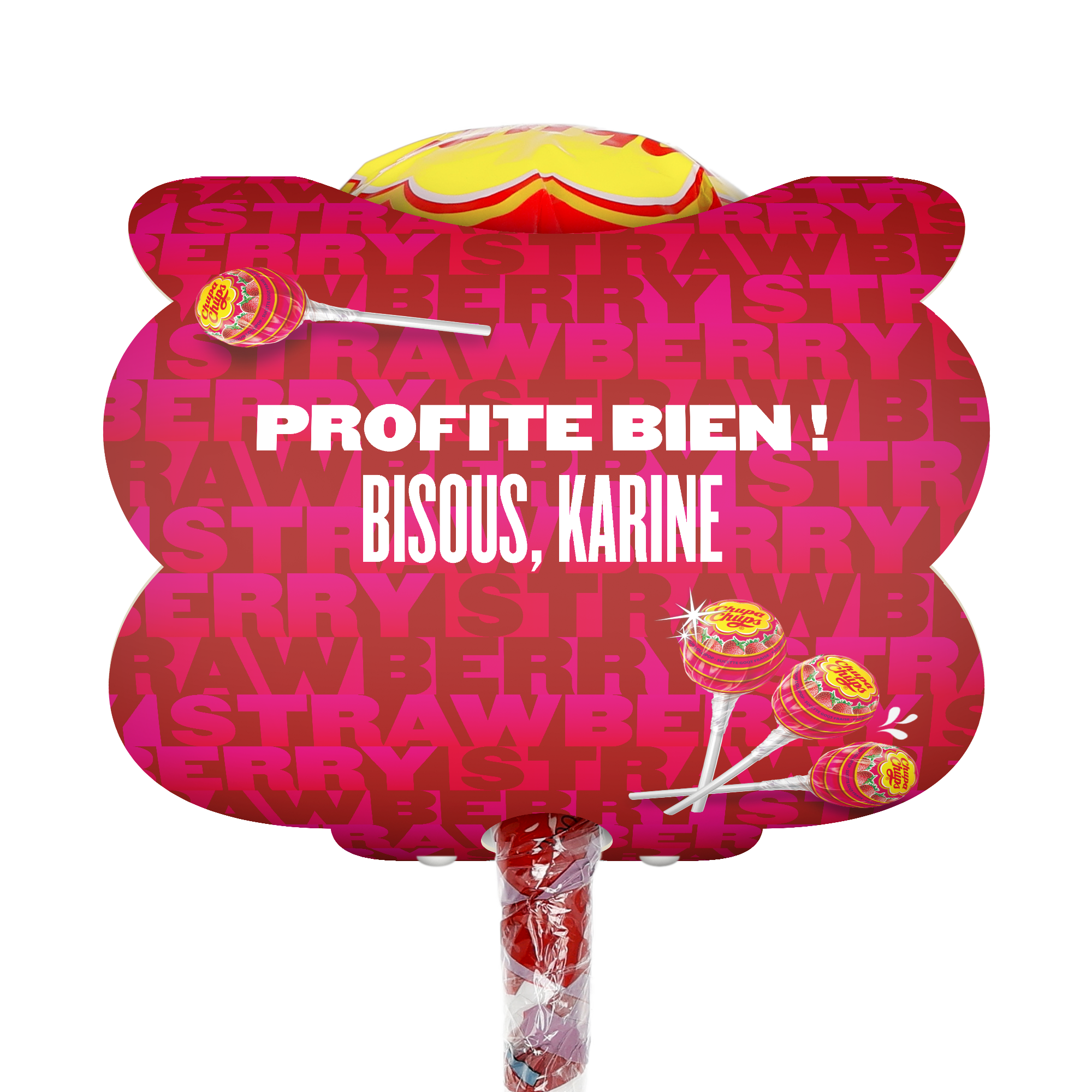 Méga Chupa Chups - Personnalisable - Fraise - 20 sucettes, avec texte personnalisé "Profite bien ! Bisous, Karine"