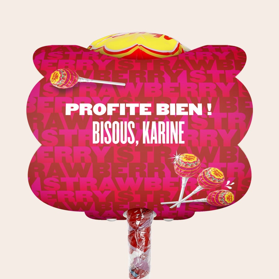 Mega Chupa Chups - personnalisé Méga Chupa Chups - Personnalisable - Fraise - 20 sucettes, avec texte personnalisé "Profite bien ! Bisous, Karine"