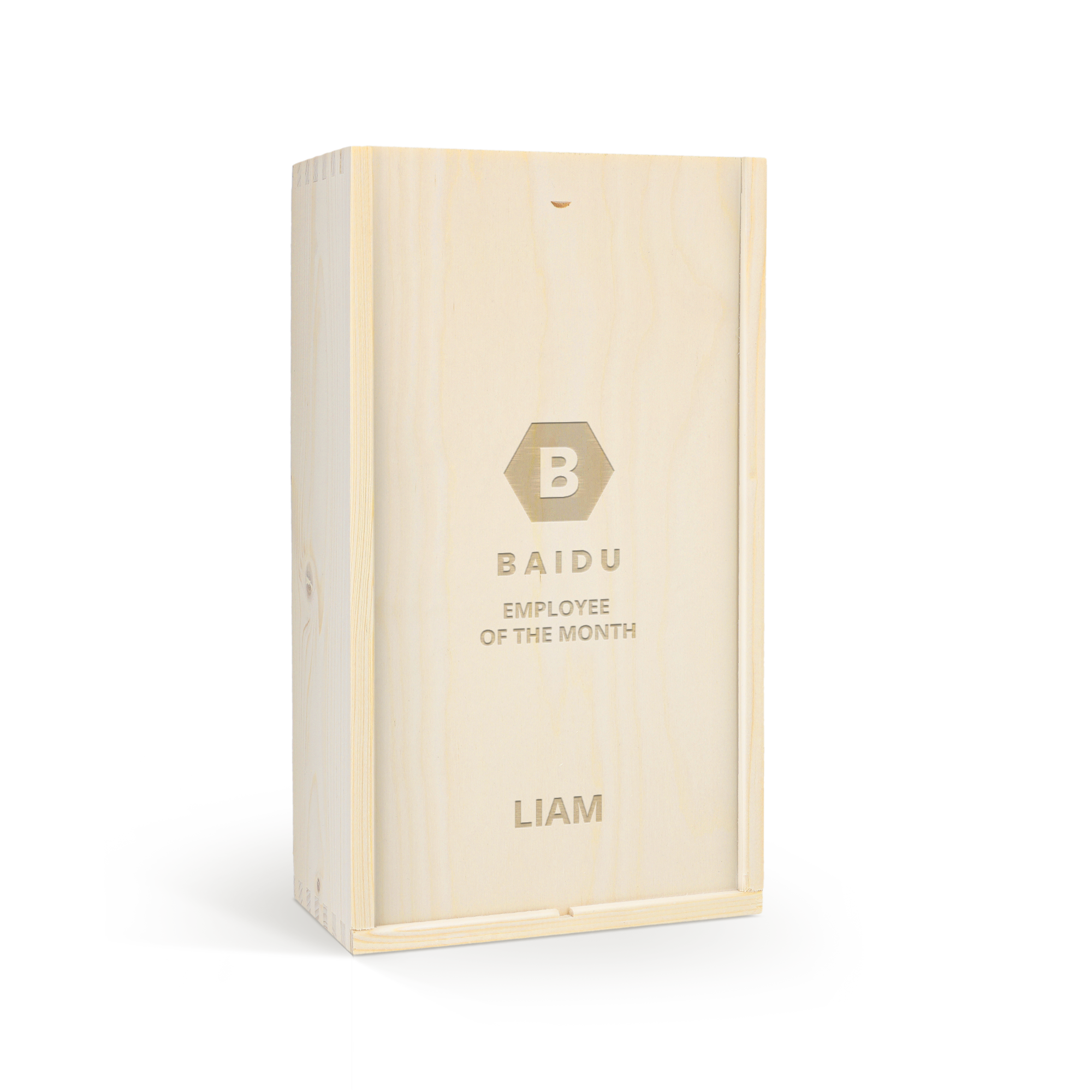 Gentleman Jack whisky in an engraved wooden case with a custom logo and the text Baidu Employee of the Month Liam
