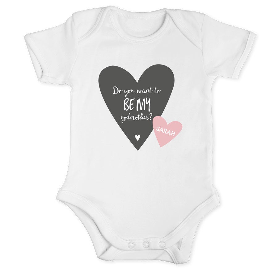 Sarai la mia madrina Tutina bianca personalizzata con stampa "Do you want to BE MY godmother?" e nome Sarah