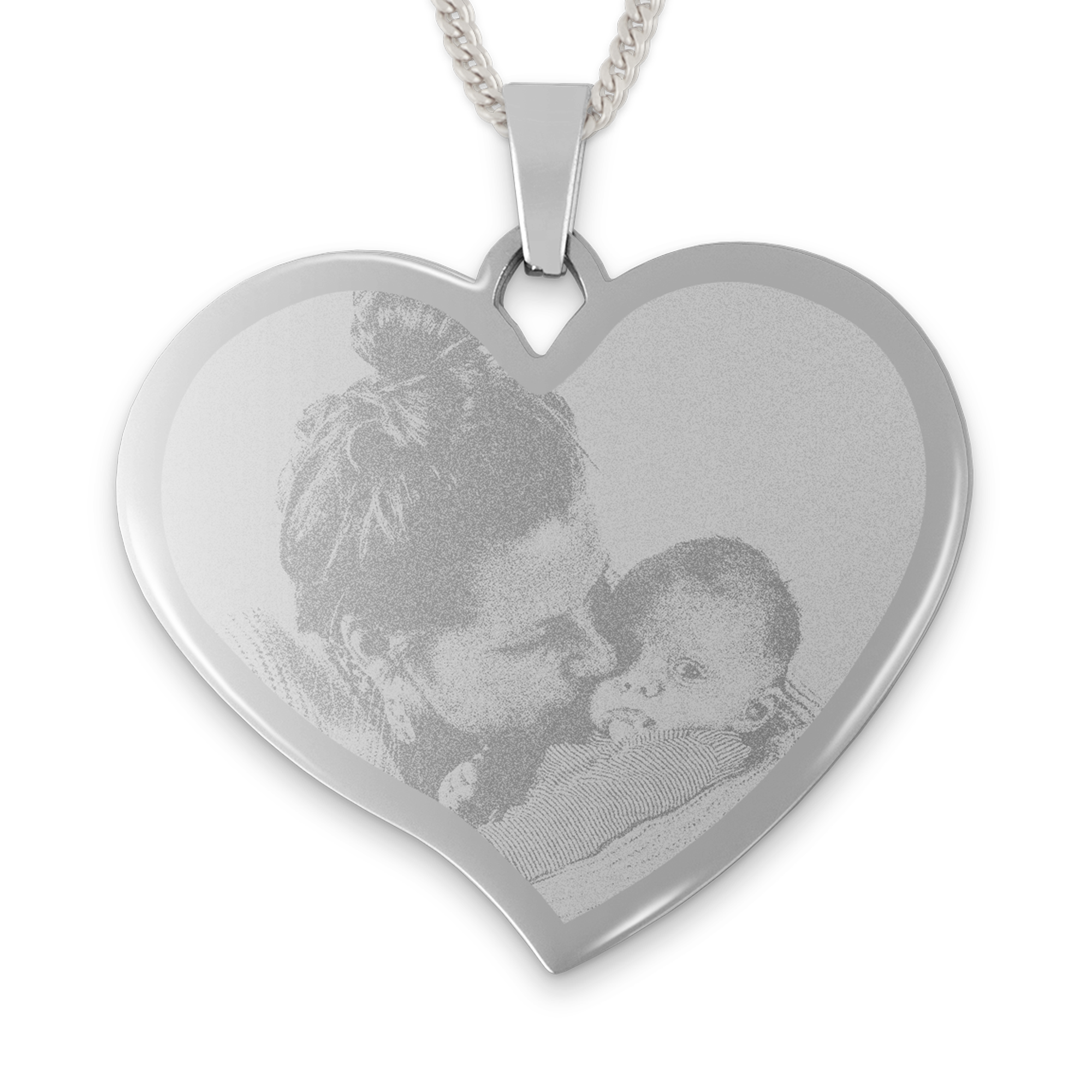 Colgante corazón grabado con una foto personalizada de una madre y un bebé.