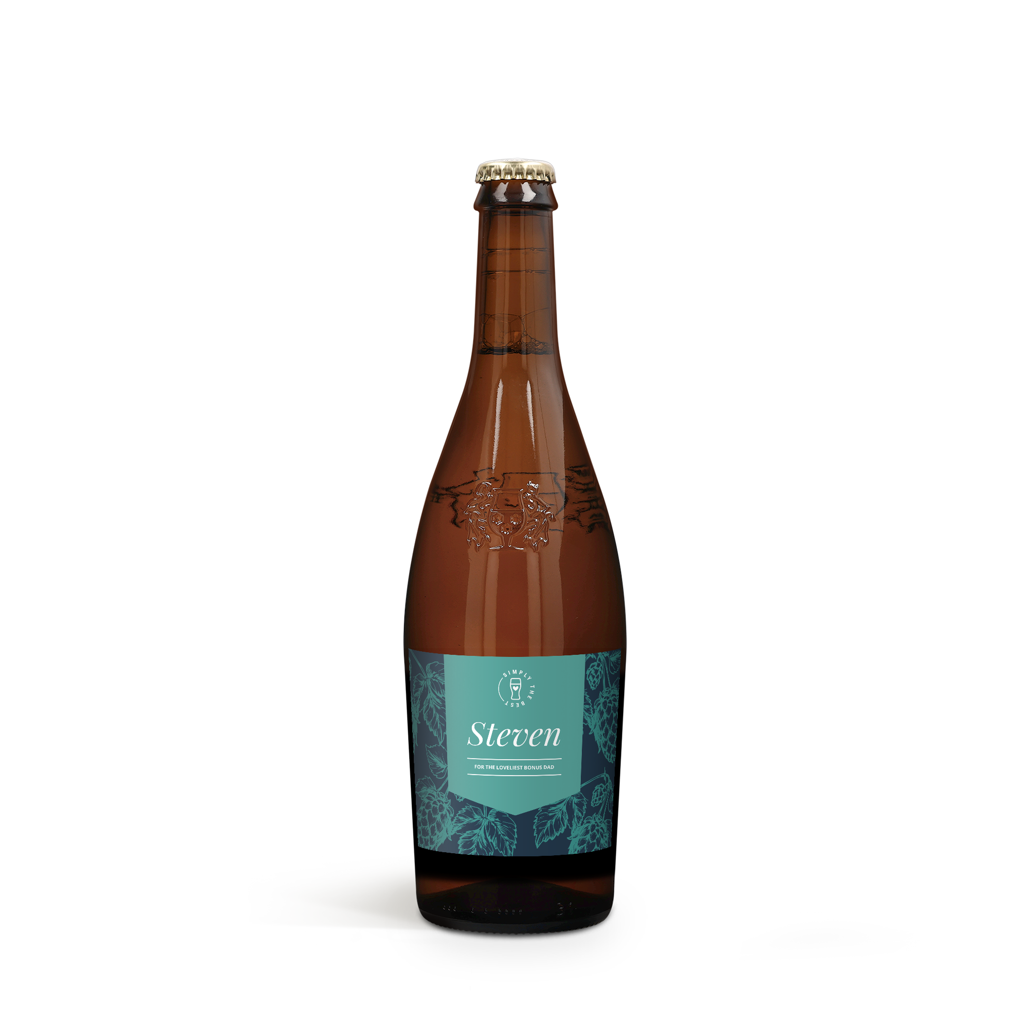 Bottiglia di birra con etichetta personalizzata con il nome Steven e la scritta For The Loveliest Bonus Dad
