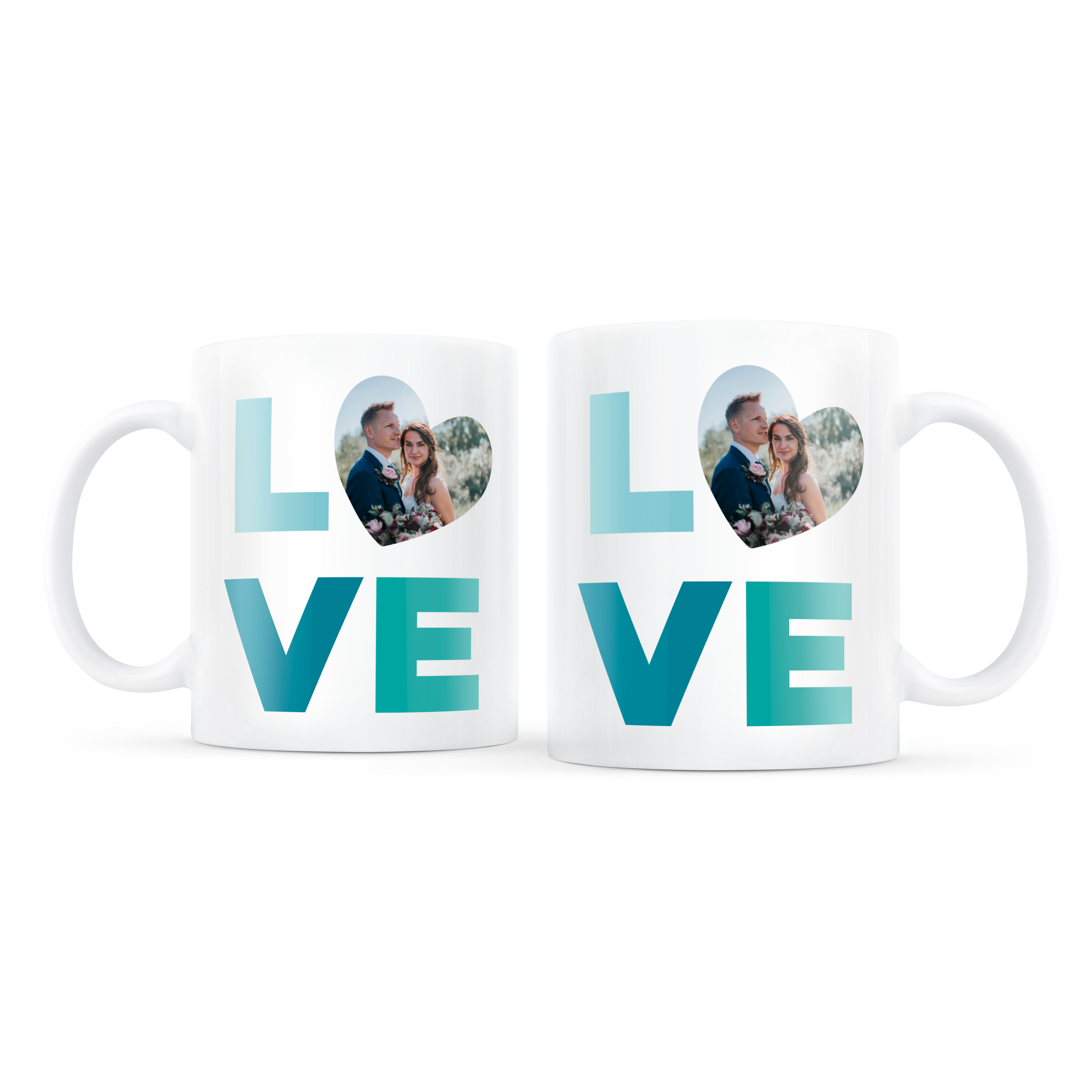 Set di tazze romantiche personalizzate bianche con scritta LOVE e foto di coppia stampata a forma di cuore