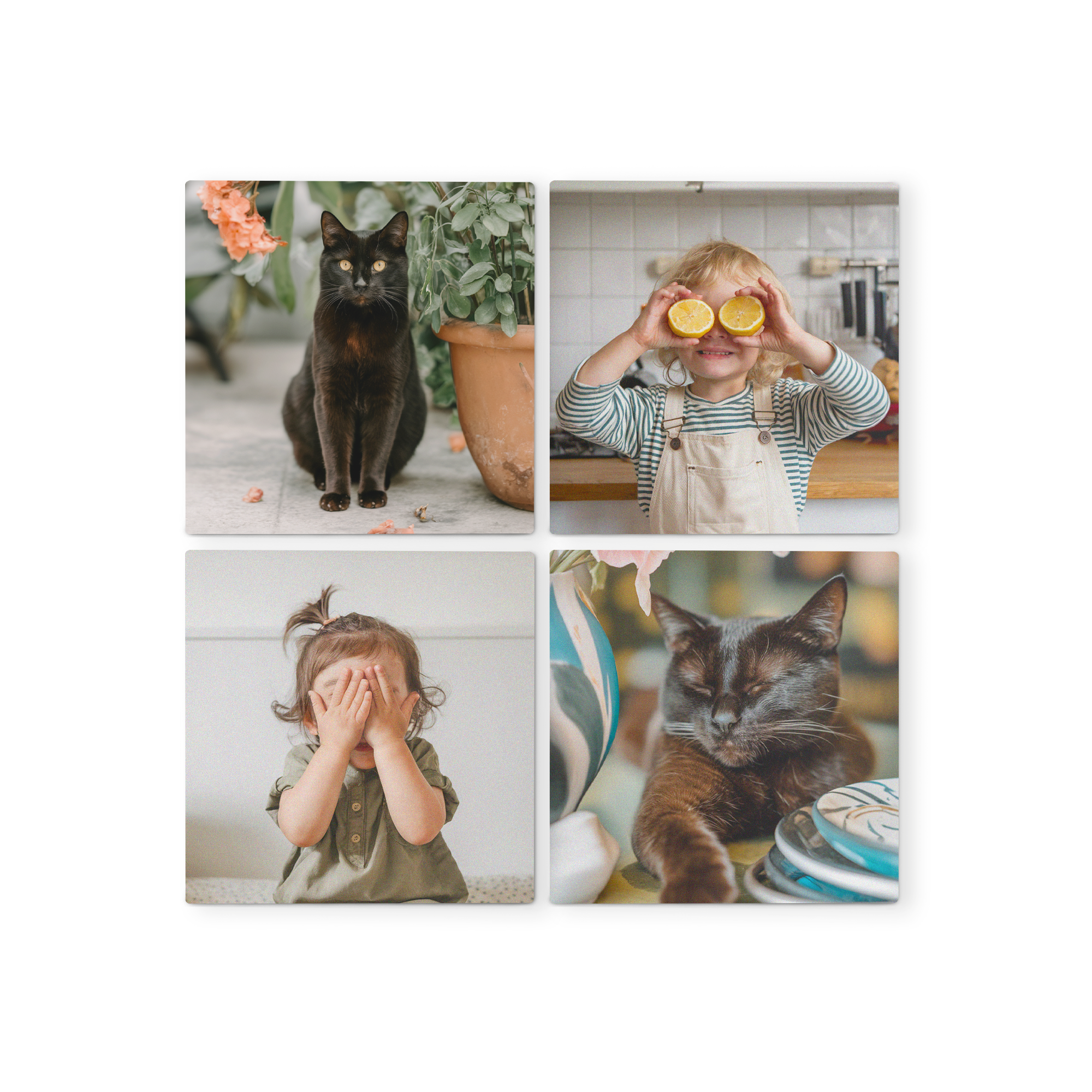 Panou decorativ din lemn imprimat cu patru fotografii personalizate: două pisici negre și doi copii.