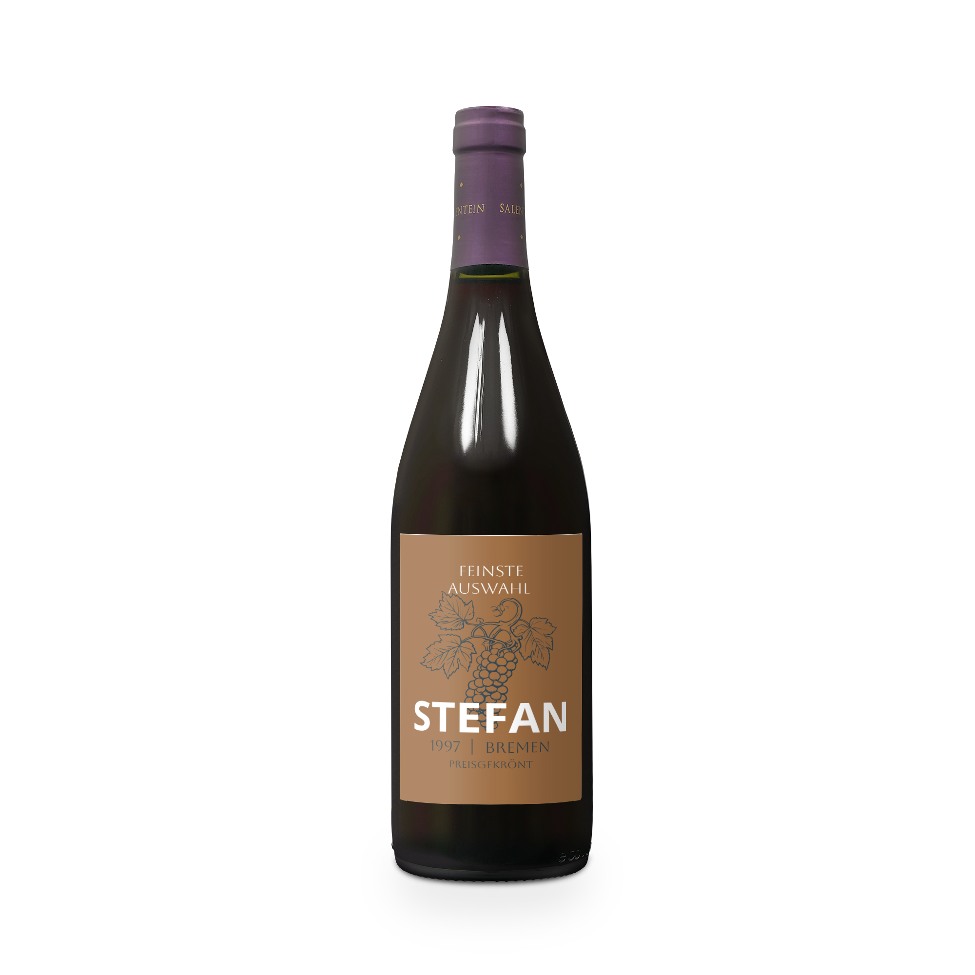 Weinflasche Salentein Pinot Noir mit einem braunen Etikett, bedruckt mit "FEINSTE AUSWAHL", Traubenmotiv und personalisiertem Text "STEFAN 1997 BREMEN".