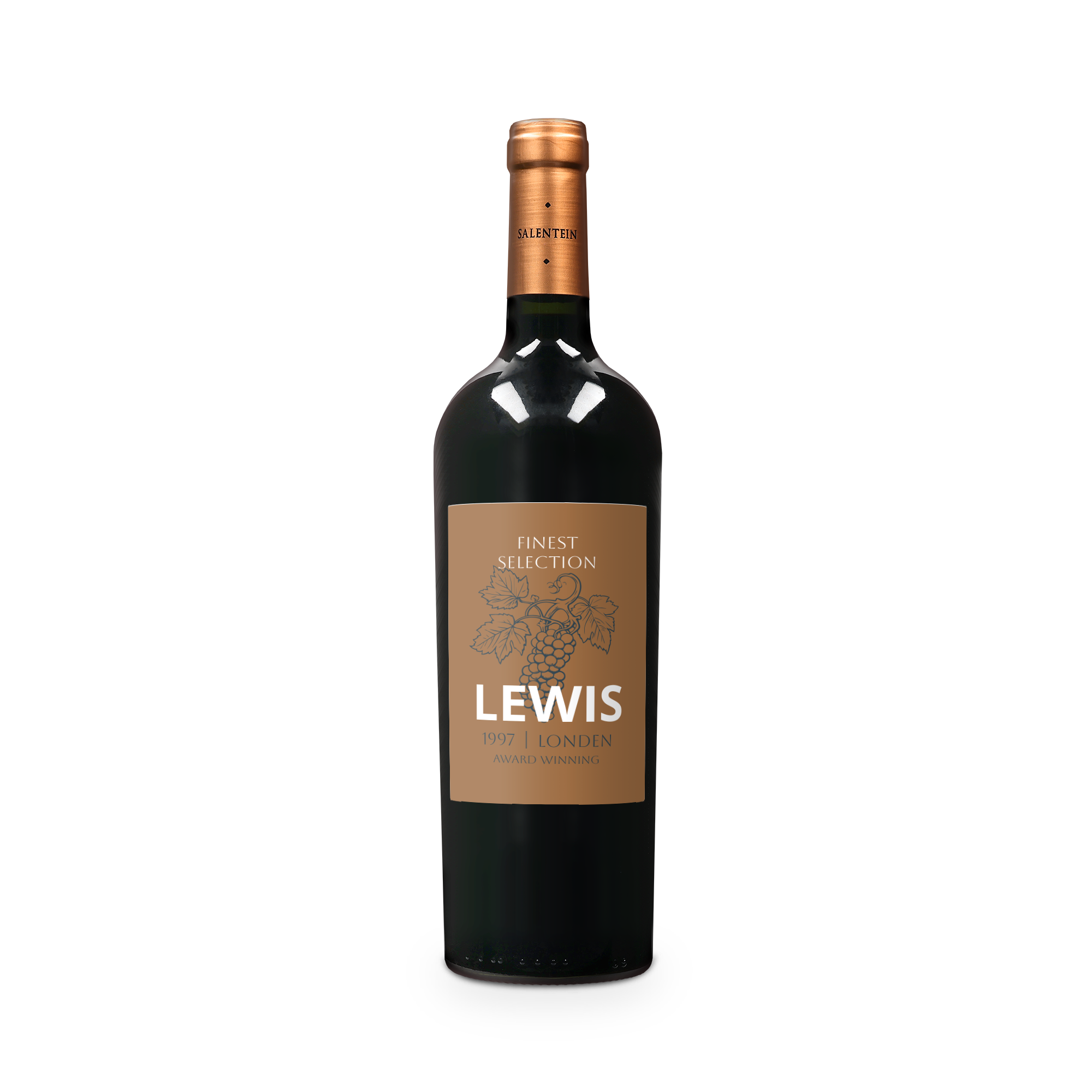 Butelka salentyna malbec z personalizowaną etykietą ze zdjęciem i tekstem LEWIS 1997 LONDEN