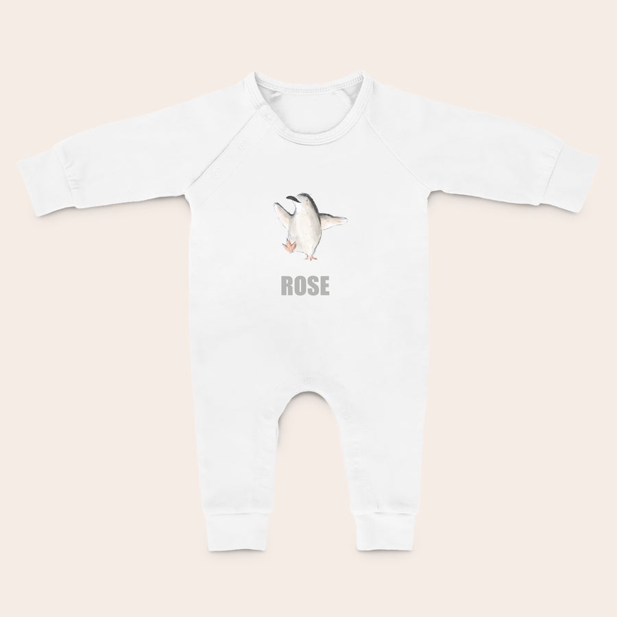 Tutina Pigiama Neonato Tutina bianca personalizzata e stampata con pinguino e nome Rose