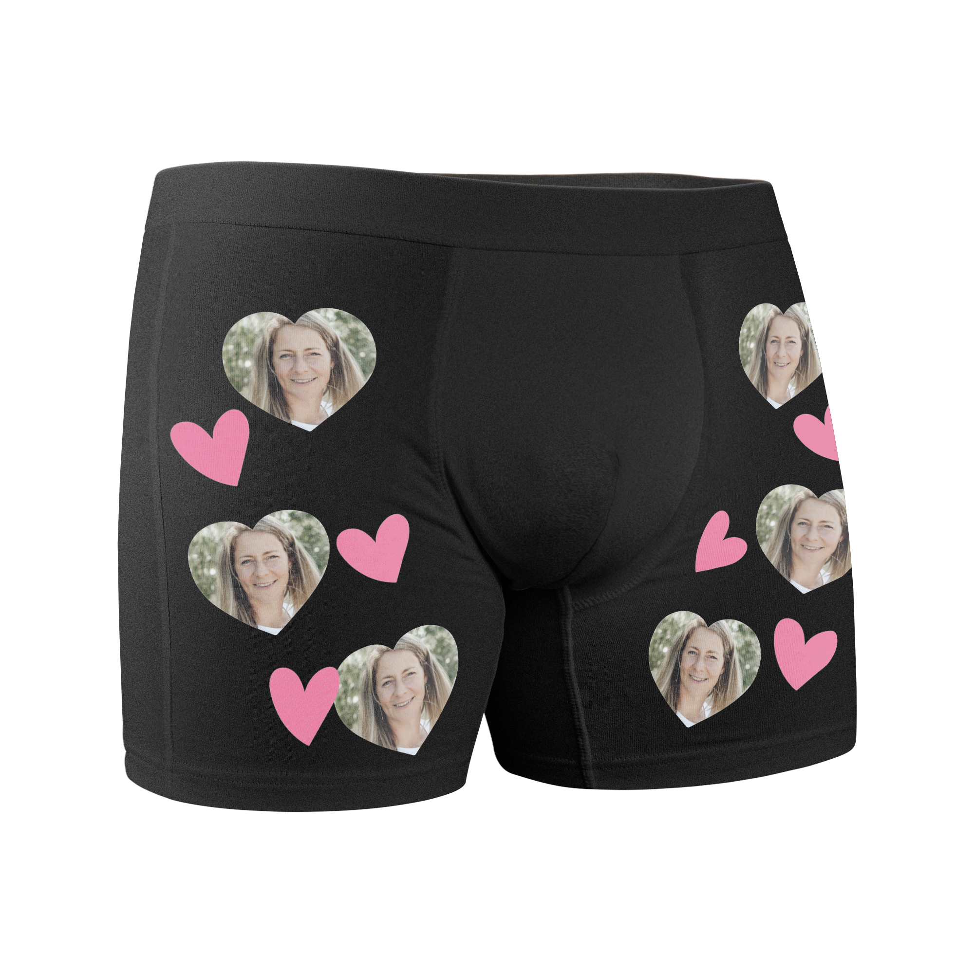 Calzoncillos negros personalizados con fotos en forma de corazón y corazones rosas, un regalo especial con su nombre.